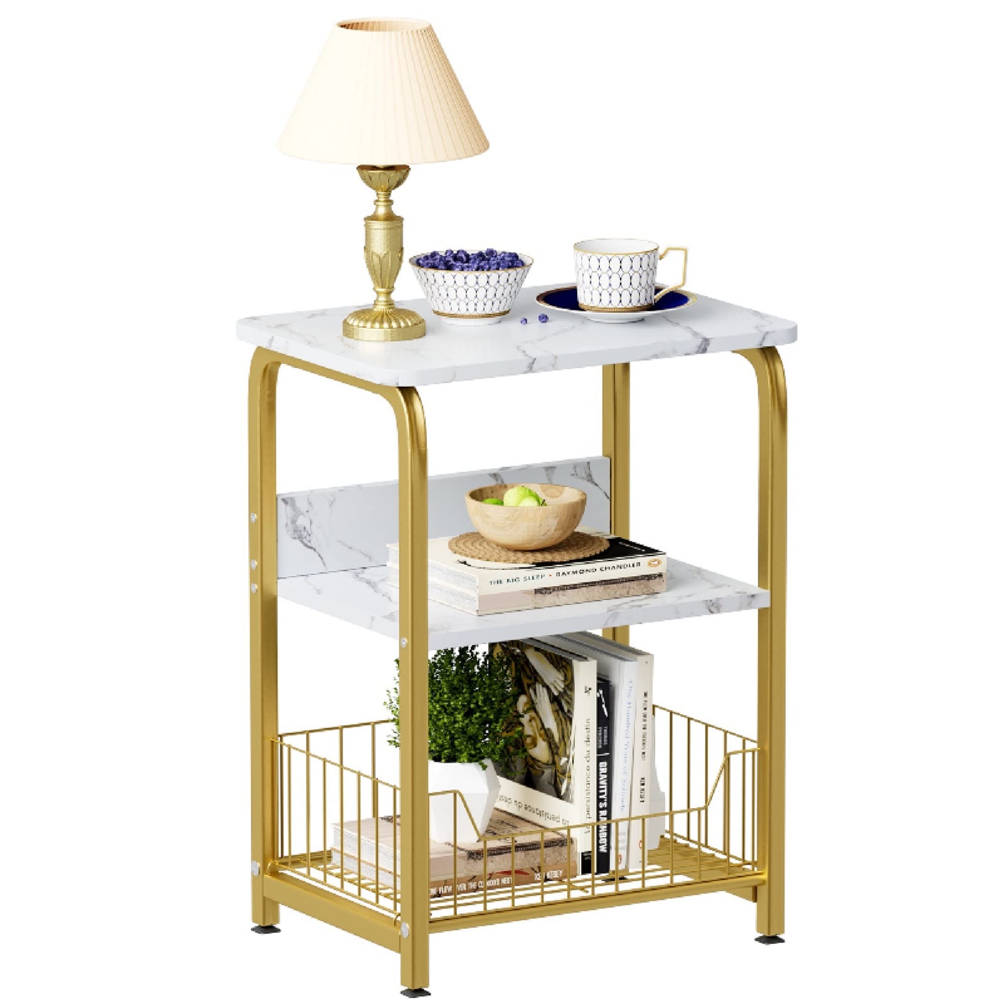 Photo 1 of aboxoo End Table White Marble Storage Nightstand for Lamp Coffee in Bedroom Living Room Office and Kitchen,3 Tiers Small Stand Modern Table with Storage Shelf Wood and Metal Frame for Bed Couch White 1PC