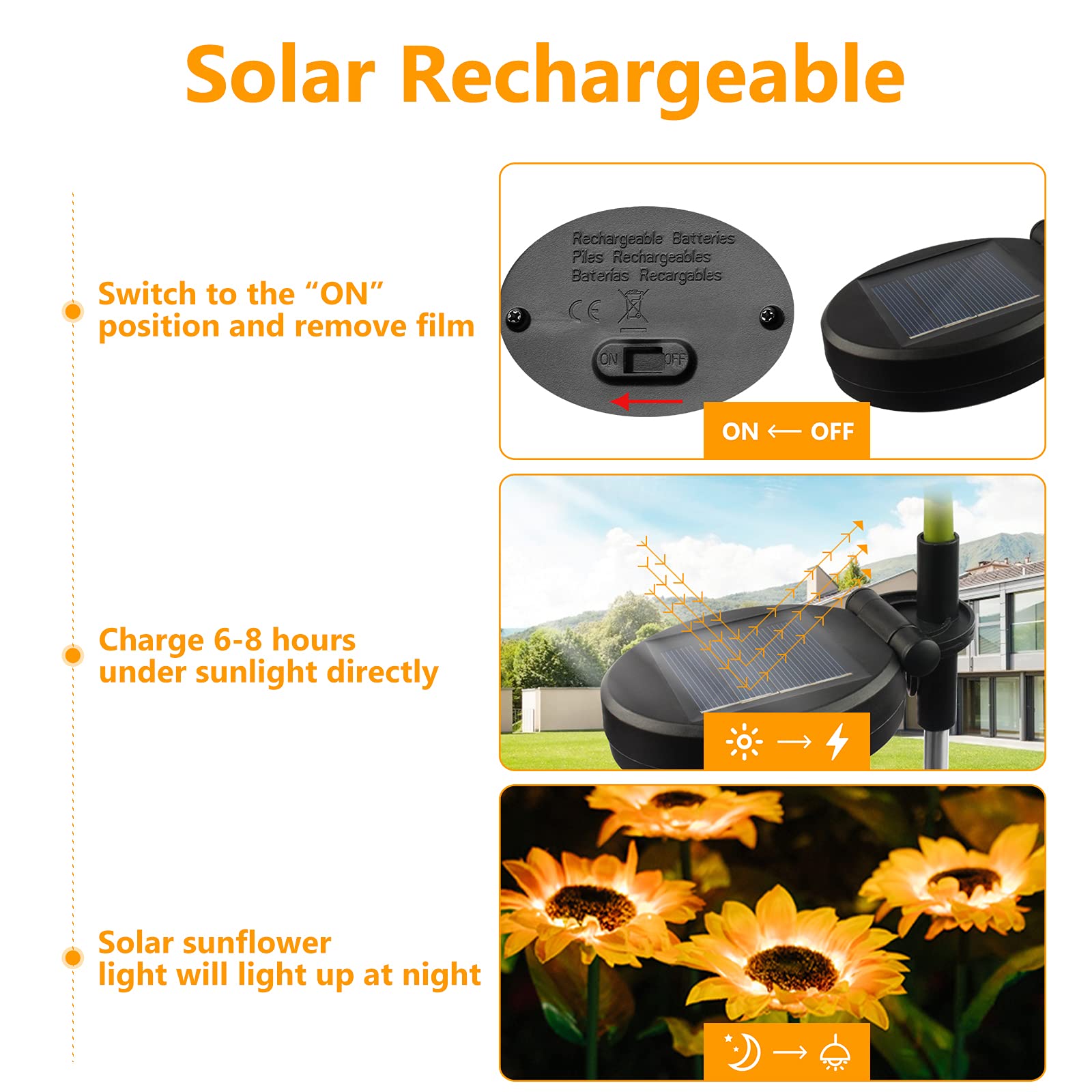Sonnenblumen-Solarleuchten für den Außenbereich, wasserdicht, dekorative Metall-LED-Lampe, Landschaftsstrahler, Gänseblümchen, für Wege, Garten, Terrasse, Hof, Auffahrt, Pool, 2 Stück (gelb)