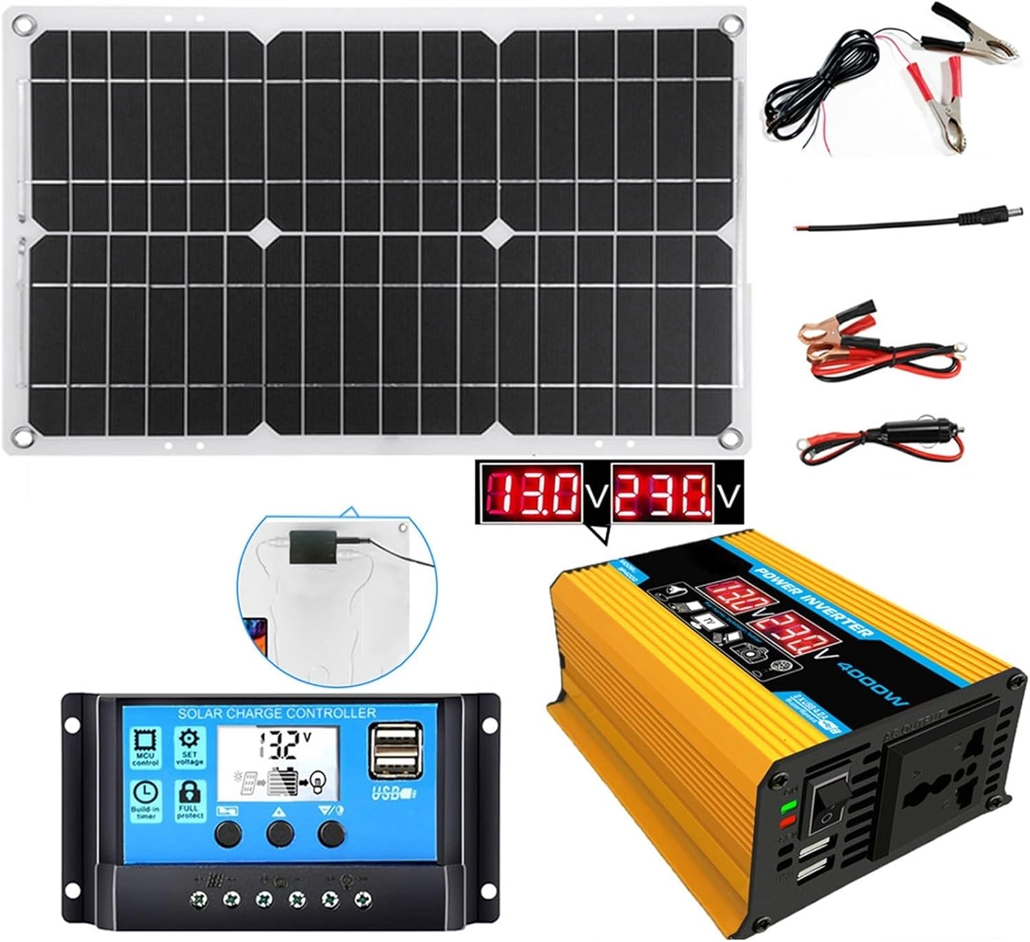 4000W 12V to 110V/220V Solar Inverter Controller Kit - 30A Charge Controller + 18W 12V Solar Panel for Home Solar Generator System (Yellow, 12V-220V)