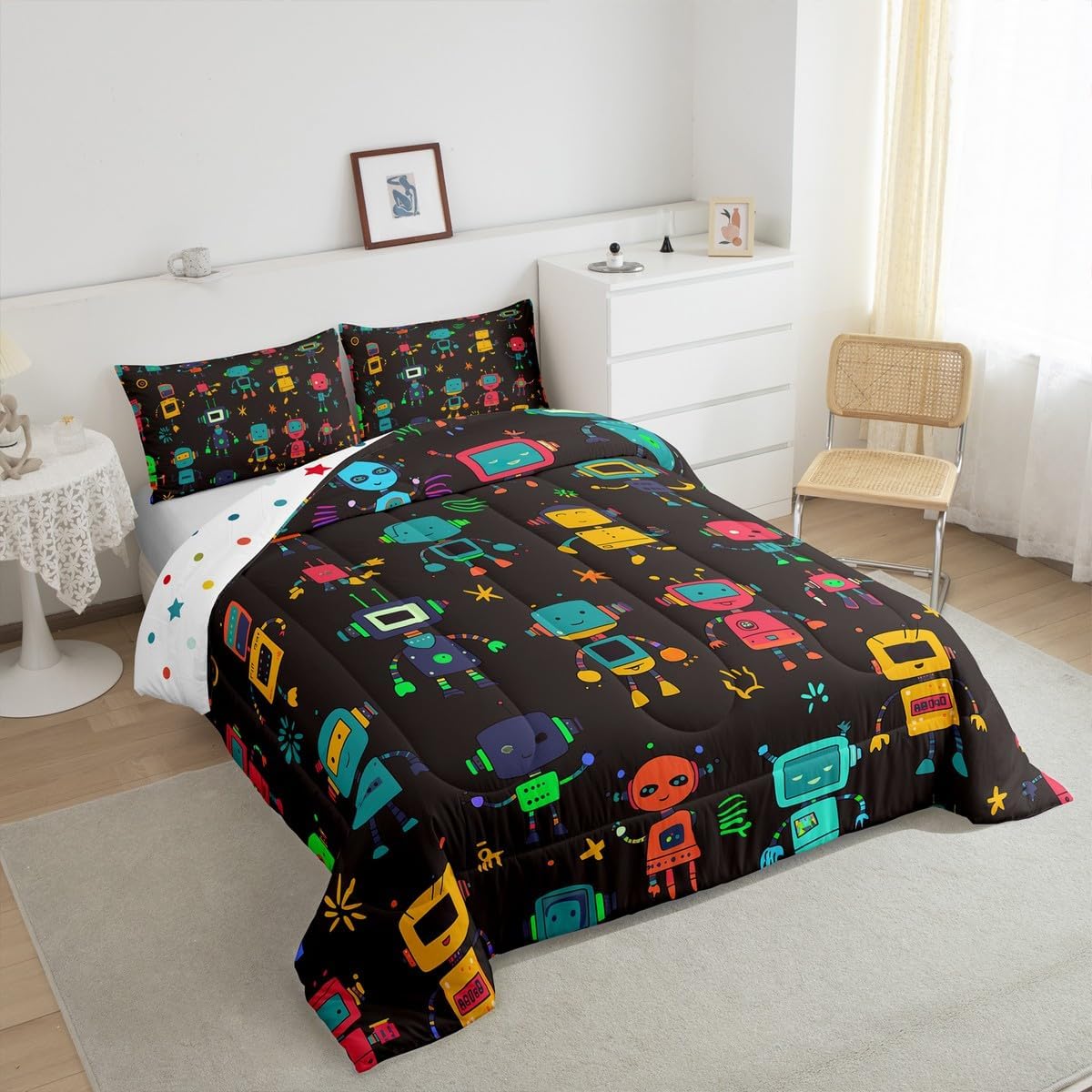 Erosebridal Kawaii Bedding Set Cute Robots Quilt,Kids Boys Girls Watercolor Robot Comforter Set Twin Modern Cartoon Super Robot Toddler Duvet Insert,Colorful Kawaii Room Decor,Black