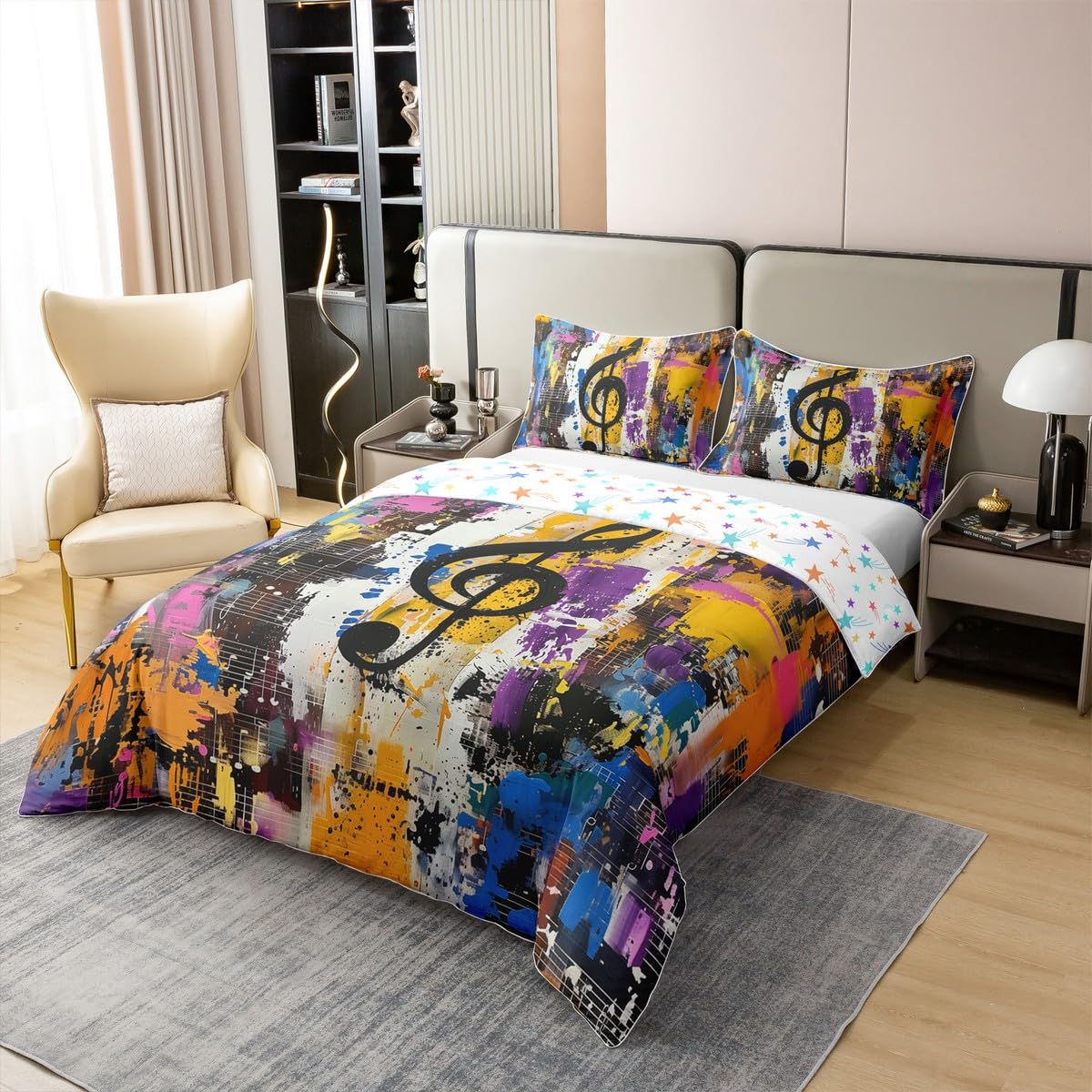 Notas musicales 100 % algodón natural edredón tamaño XL colorido arte callejero graffiti hippie ropa de cama juego de ropa de cama tema musical hip pop música colcha cubierta 3 piezas