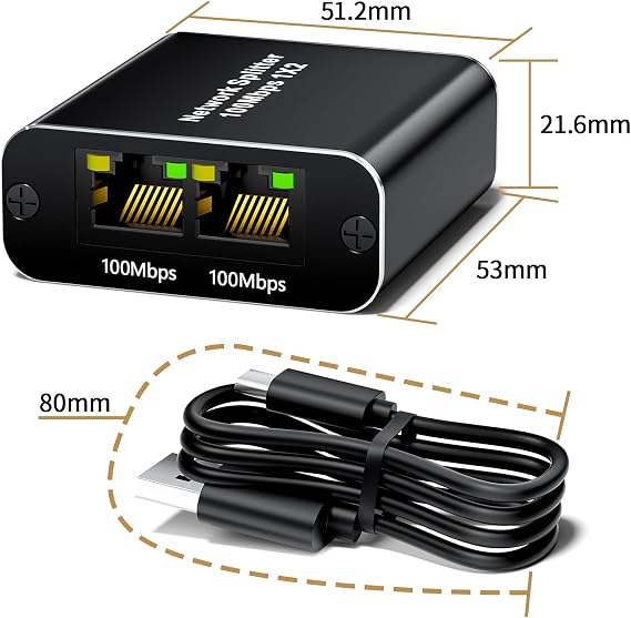 CAT 6 Ethernet Splitter 1 to 2 100Mbps, BolAAzuL RJ45/Network Splitter (1 in 2 Out) High Speed 1x2 with USB Power Cable 2.6ft, for Cat5/5e/6/7/8, 2 Devices Simultaneously Networking