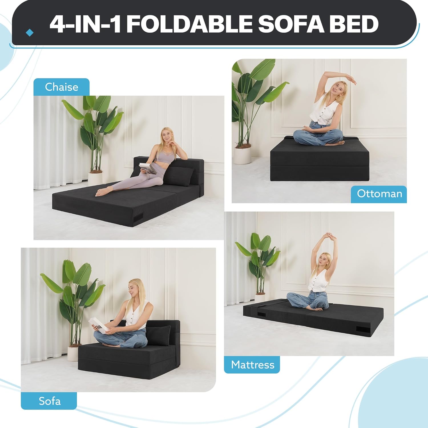 Folding Sofa Bed, 4 in 1 Convertible Sleeper Sofa Bed Chair with Pillow, Twin Memory Foam Loveseat Futon Sleeper Chair, Foldable Futon Couch for Living Room, Bedroom, Guest Room, Dark Grey