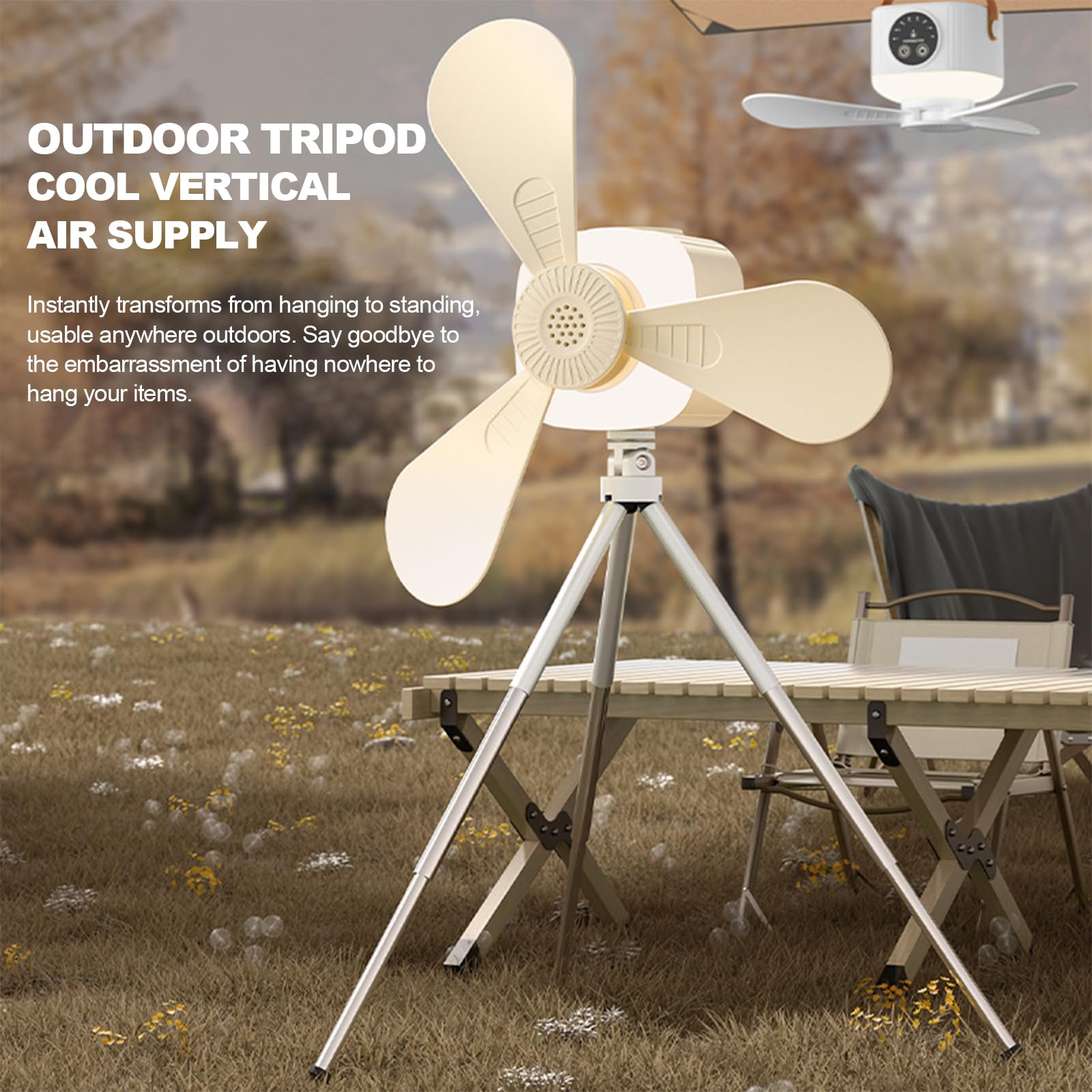 Deckenventilator Outdoor mit Dreibein, 7200mAh Camping Ventilator mit Licht, Aufladbar Deckenventilator mit Beleuchtung Camping, 4-Gang Zeltventilator mit LED für Angeln, Wandern, Outdoor (7200mAh)