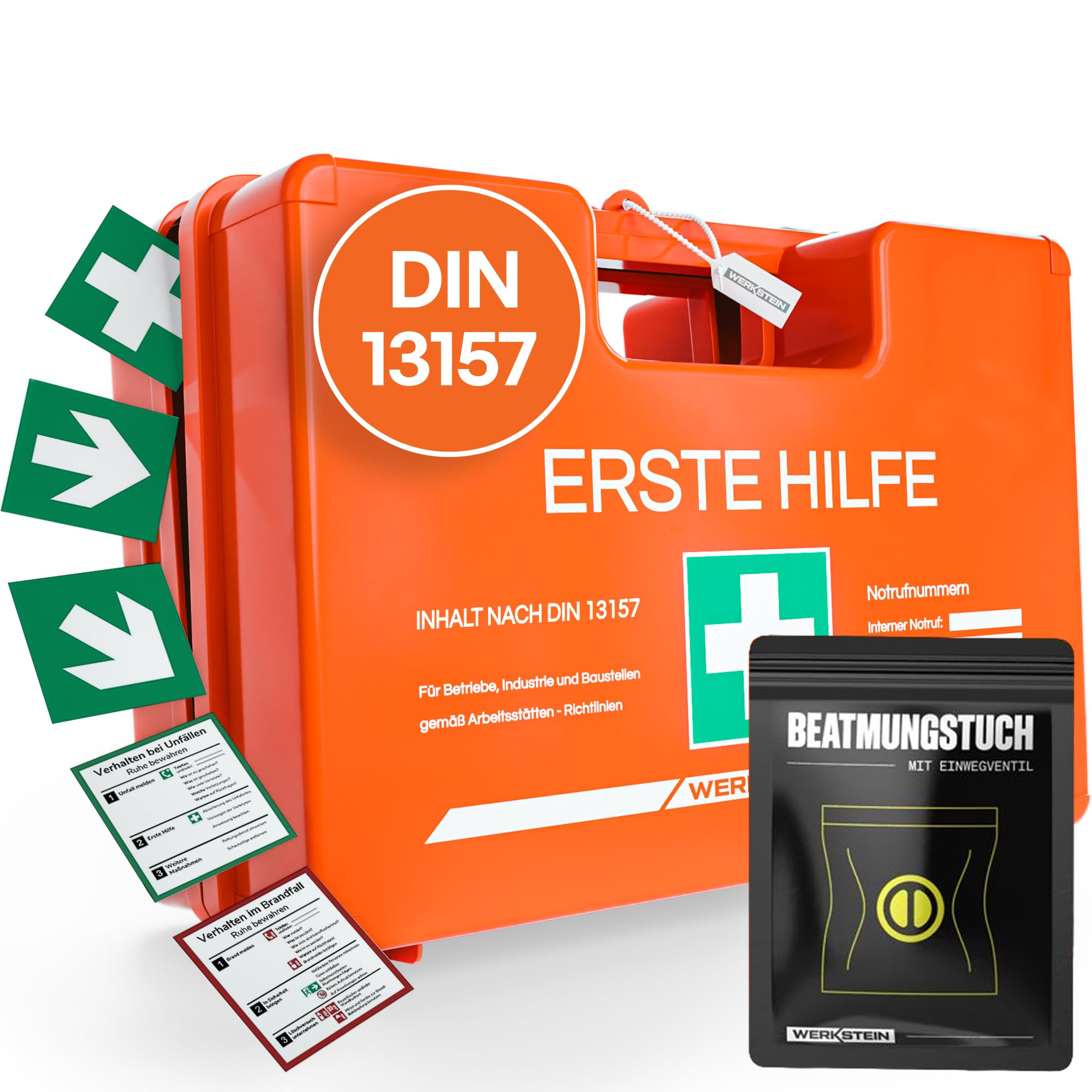 Erste Hilfe Kasten DIN 13157:2021 I Inkl. Beatmungstuch, praktischer Wandhalterung, 5x Aufkleber & Plombe I Erste Hilfe Koffer für Betriebe, Einrichtungen & Zuhause I Verbandskasten