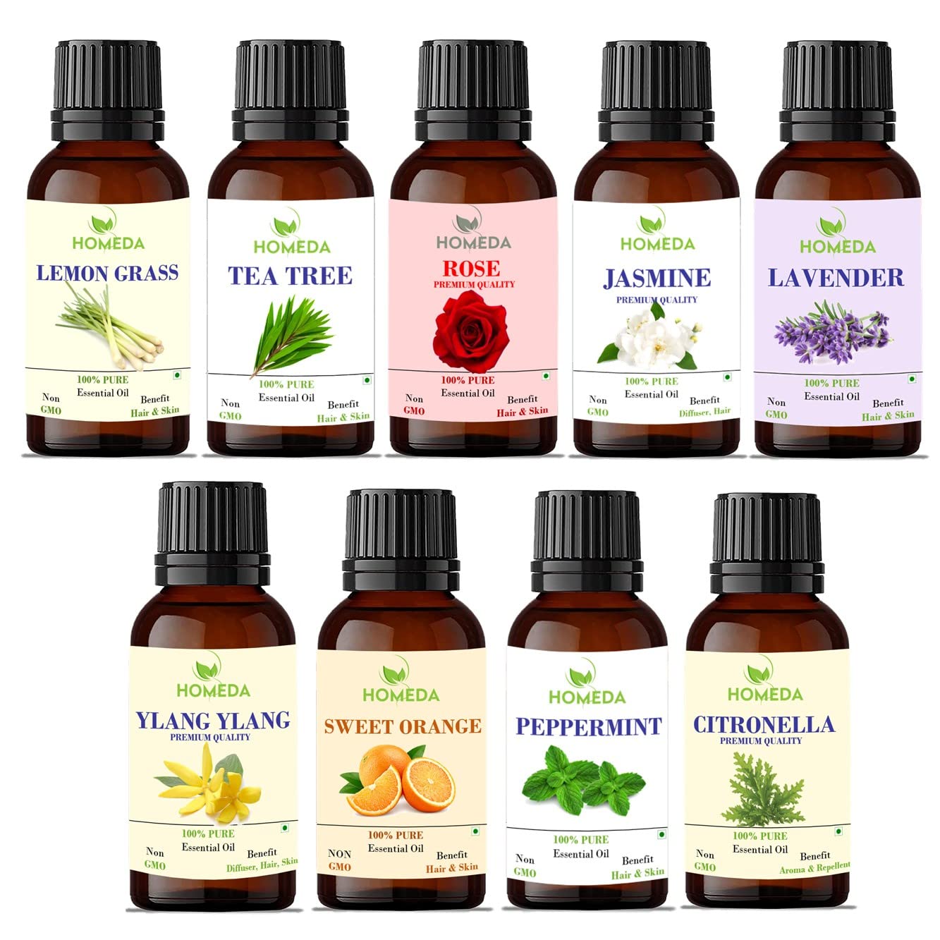Homeda Aroma Diffuser Oil for Home Fragrance (Lavender, Rose, Teatree, Jasmine, Ylang Ylang, Orange, Lemon Grass, Peppermint, Citronella Essential Oil), Aroma Oil, 30ml Each - Set of 9 (B0BT8J6JDX) Amazon Price History, Amazon Price Tracker