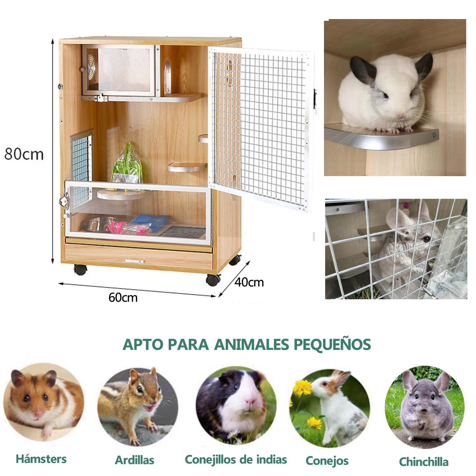 Jaula para Chinchilla, Jaula para Animales Pequeños, Jaula Caseta Madera Hámster Roedores con Puertas Delanteras/Tazón De Comida/Botella De Agua/Bandejas Deslizables/Ruedas Giratorias(60 * 40 * 80cm)