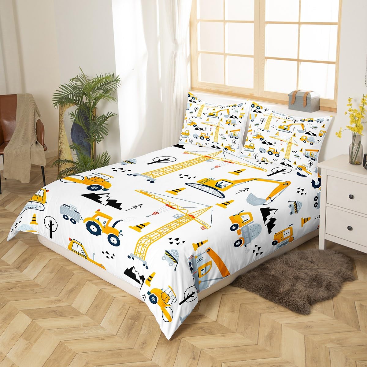 Homemissing Set di biancheria da letto con trattore giallo e escavatore, set di biancheria da letto in microfibra, 2 pezzi, per letto singolo