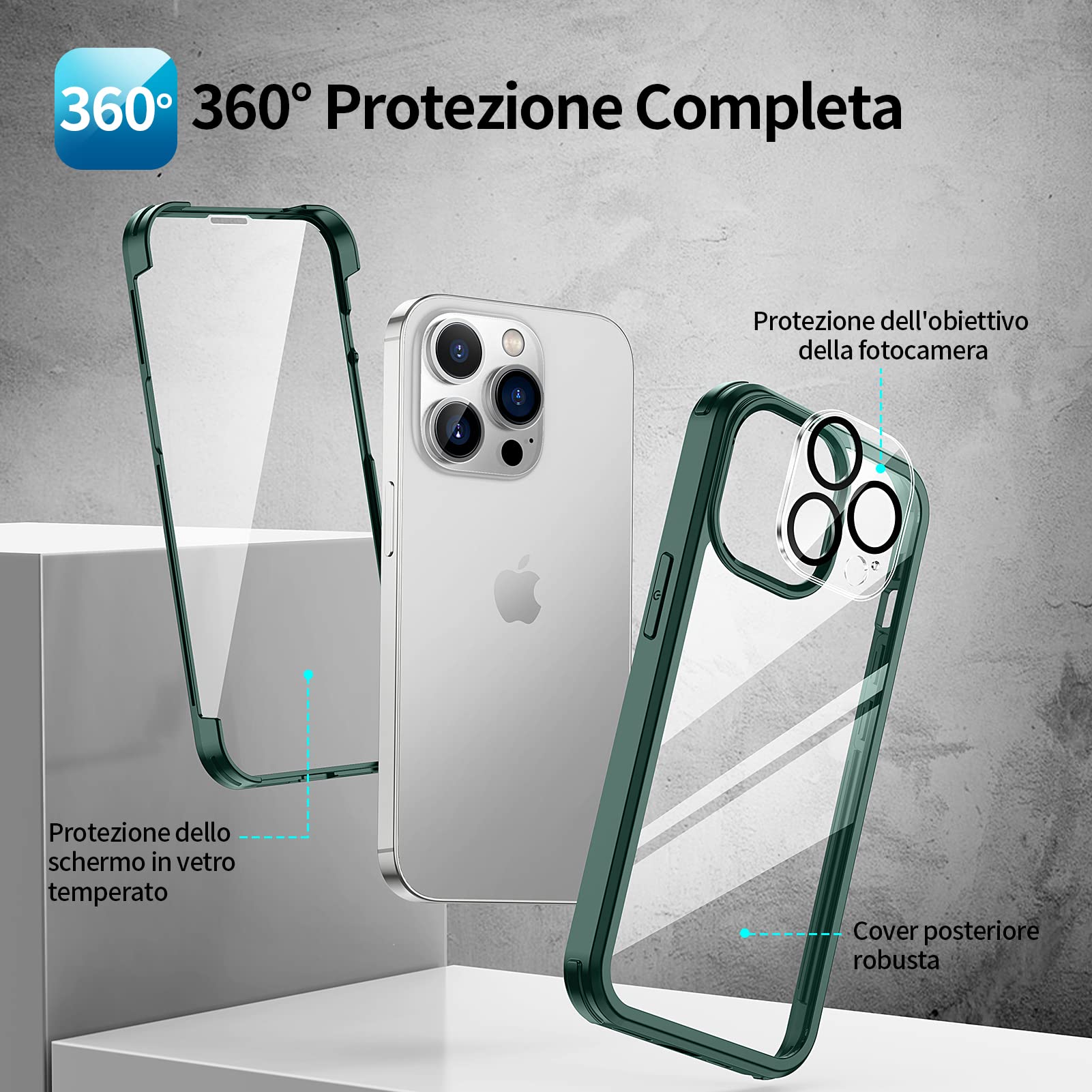 seacosmo Cover per iPhone 14 Pro Max, [9H HD] Integrata Vetro Temperato Schermo e Pellicola Fotocamera 360 Gradi Antiurto Custodia, Rugged Protezione Slim Case per iPhone 14 Pro Max, Verde