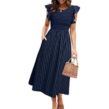 Simplee Womens Striped Midi Summer Dress Linen Smocked Flutter Short Sleeve Dress Flowy Casual Dress with Pockets