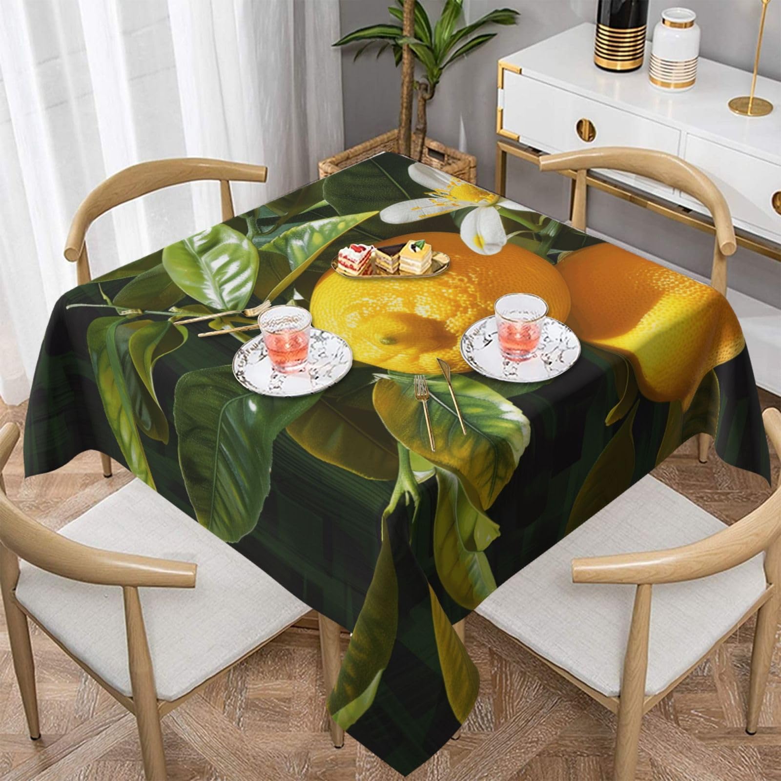 WPKJU Yellow Lemon Flower Printed Square Tablecloth 60x60 inch Water Resistant Table Cover Washable Rectangle Table Cloth for Dining Tables