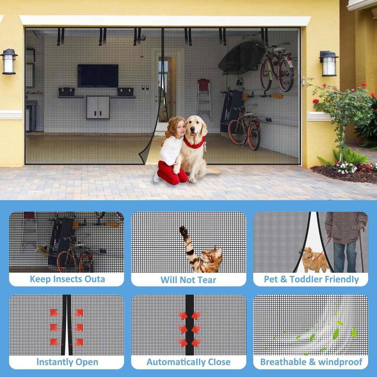 Magnetic Closure Garage Door Fly Screen,Door Screens for Keeping Out Flies,Door Mesh PET Retractable Screen Curtain Cover with Weighted Bottom,for Courtyard Studio(Black,9 * 7FT(284 * 218cm))