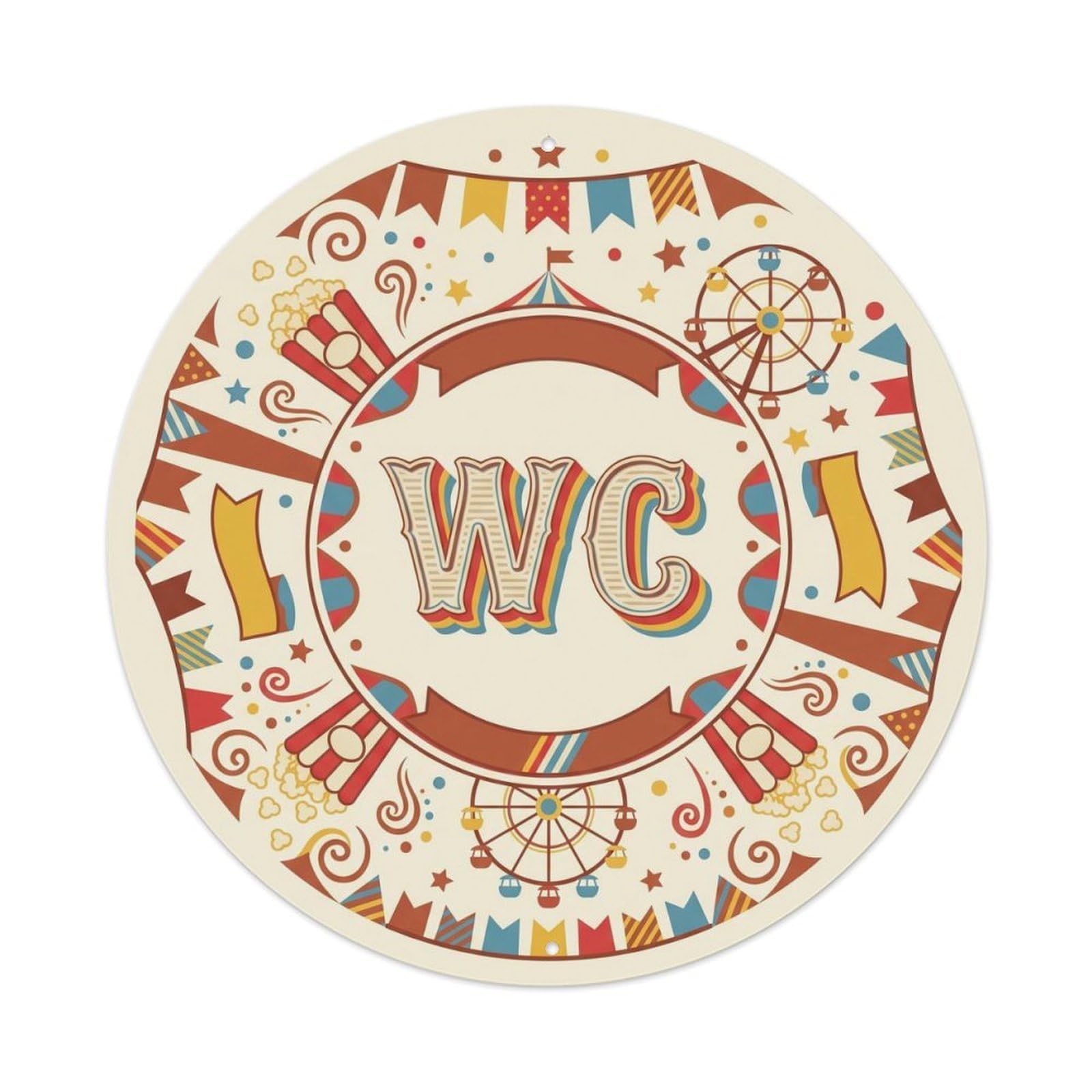 Toilet （WC） Carnival Fairground Shield Metal Tin Sign Plaque Wall Decor for Cafe, Club Bar, Office, Home Garden Round Metal Poster 8x8Inch
