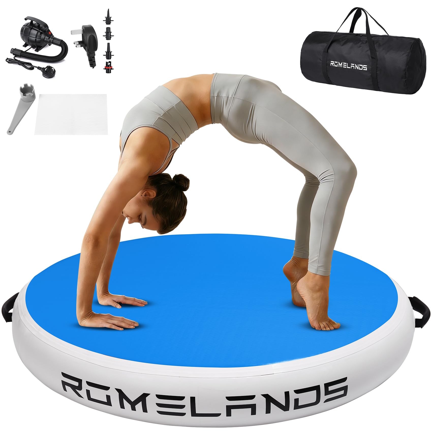 ROMELANDS 3.3FT Air Spot Gymnastics Mat, Inflatable Round Tumble Air Barrel with Electric Pump, Back Handspring Trainer for Yoga, Cheerleading & Home Gym