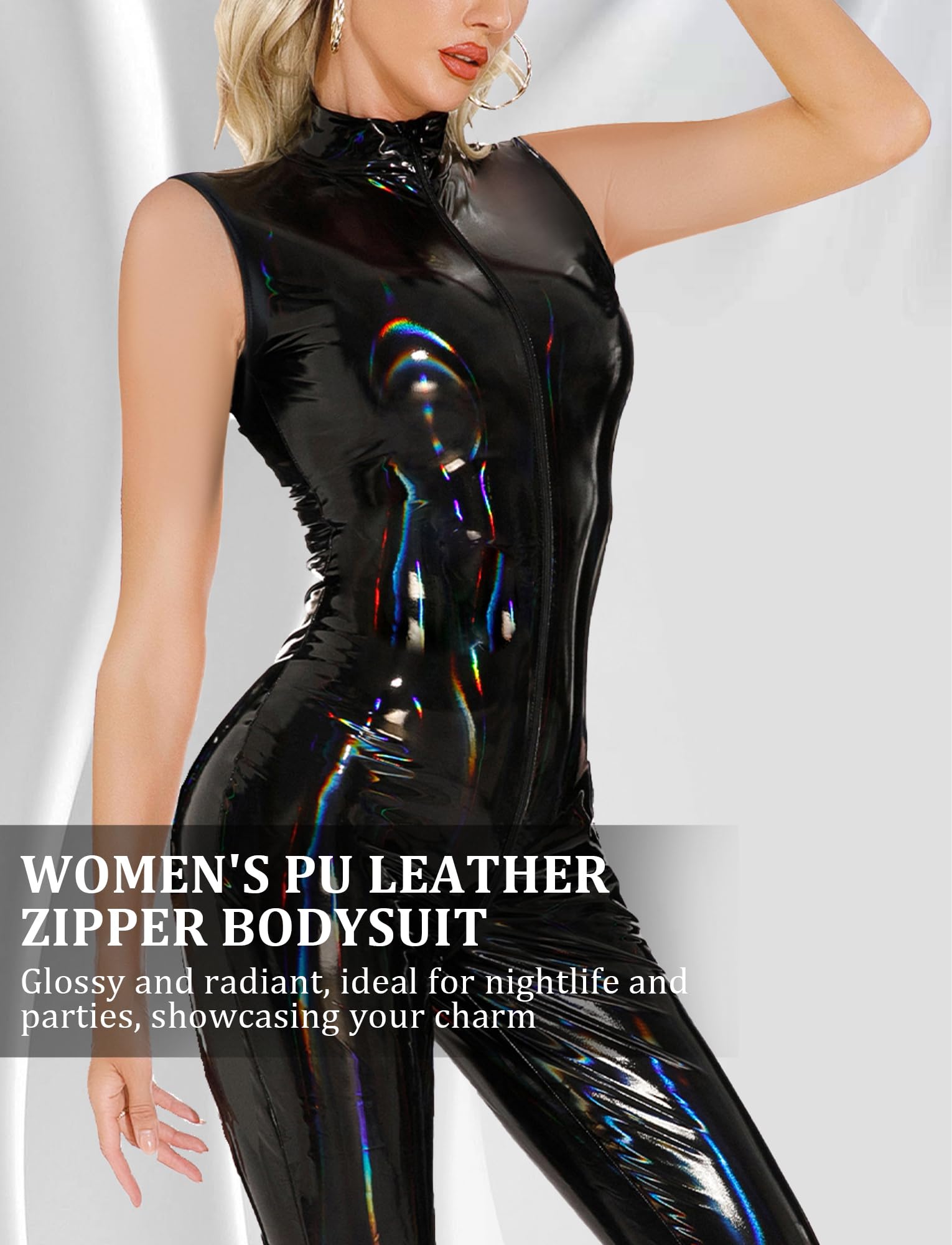 FEOYA Tuta da donna in pelle PU con glitter effetto bagnato, body con pagliaccetto, tuta in pelle laccata, tuta intera Rave Party Halloween discoteca