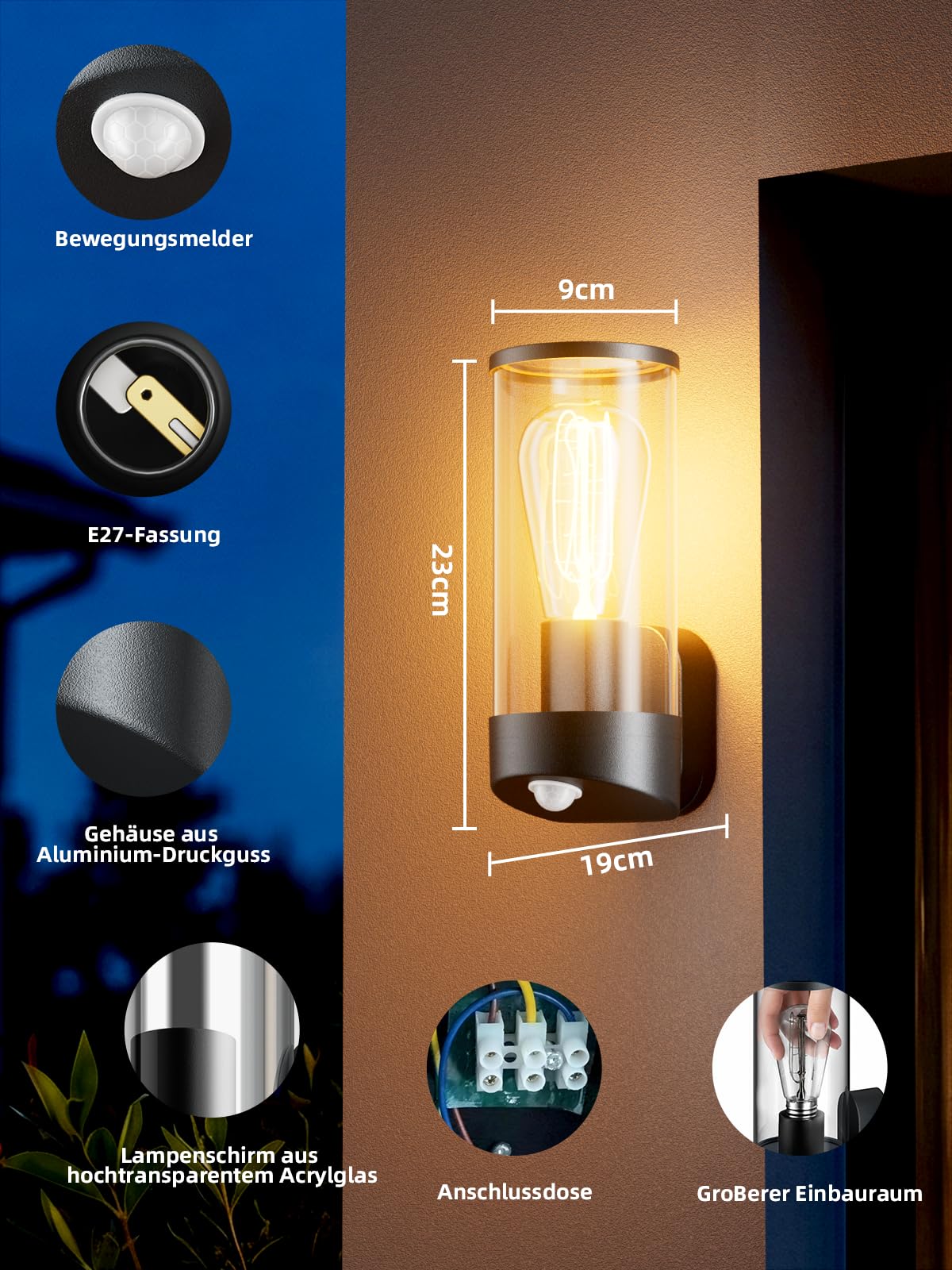 Brightower Lampa ścienna zewnętrzna z czujnikiem ruchu, aluminiowa lampa ścienna z przezroczystym akrylem, lampa zewnętrzna do ogrodu, na taras, werandę i do garażu, ekskluzywna 1x E27,Ciemnoszary