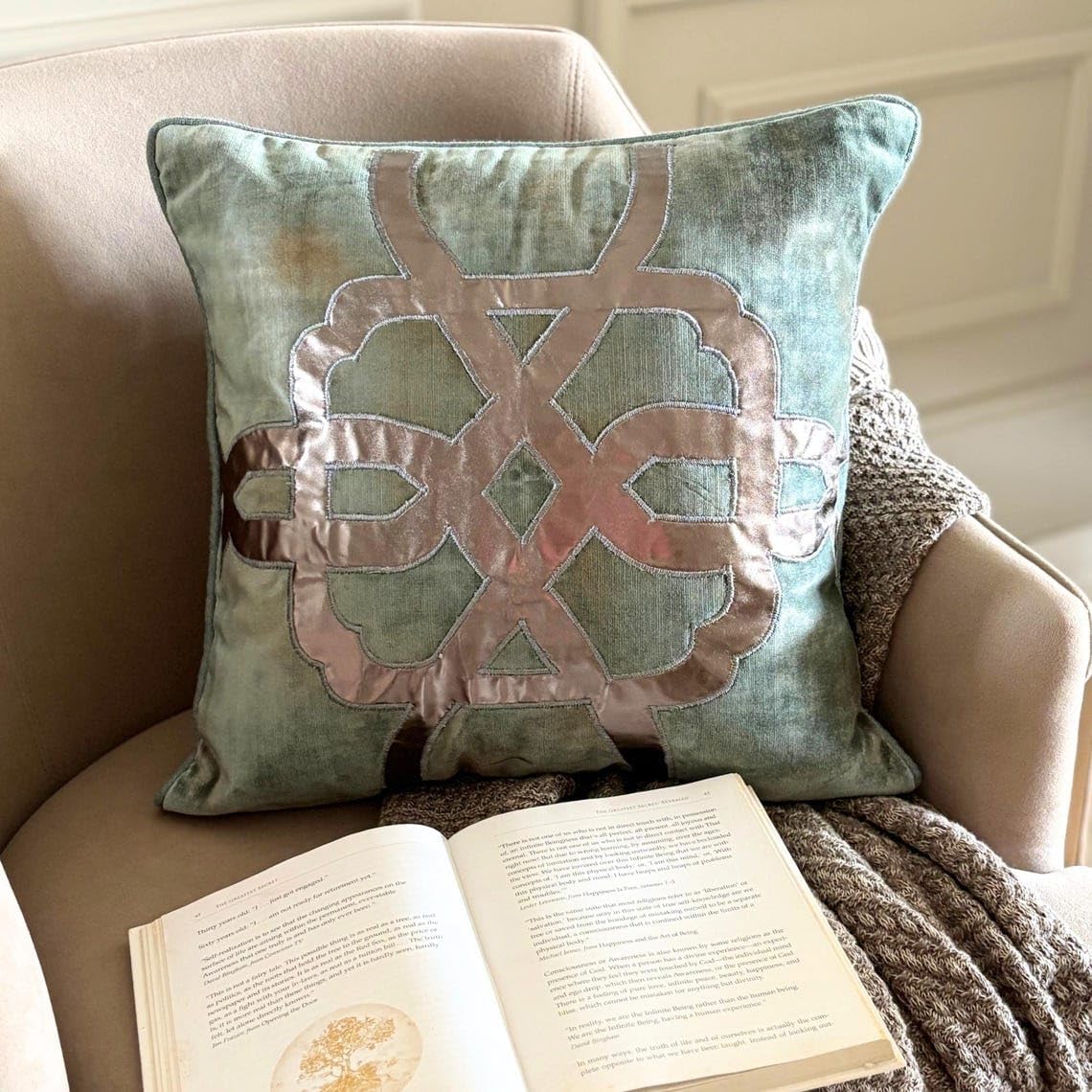 The HomeCentric Cushion Cover, Decorative Teal Blue 16"x16" (40x40 cm) Pillow Covers, Velvet Greek & Applique & Foil Throw Pillow Covers, Geometric Pattern, Modern Easter - Greek Brizo