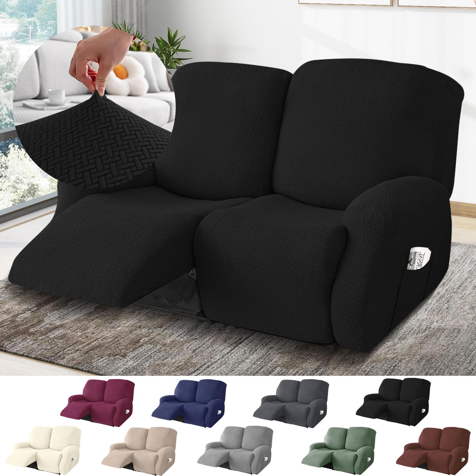 BOYIFEIJIE 2-Seater Recliner Sofa Covers, All-Inclusive Striped Jacquard Sofa Slipcover with Pocket, Non-Slip Stretch Recliner Protector for Living Room Recliner Sofa (Black, 6-Pieces)