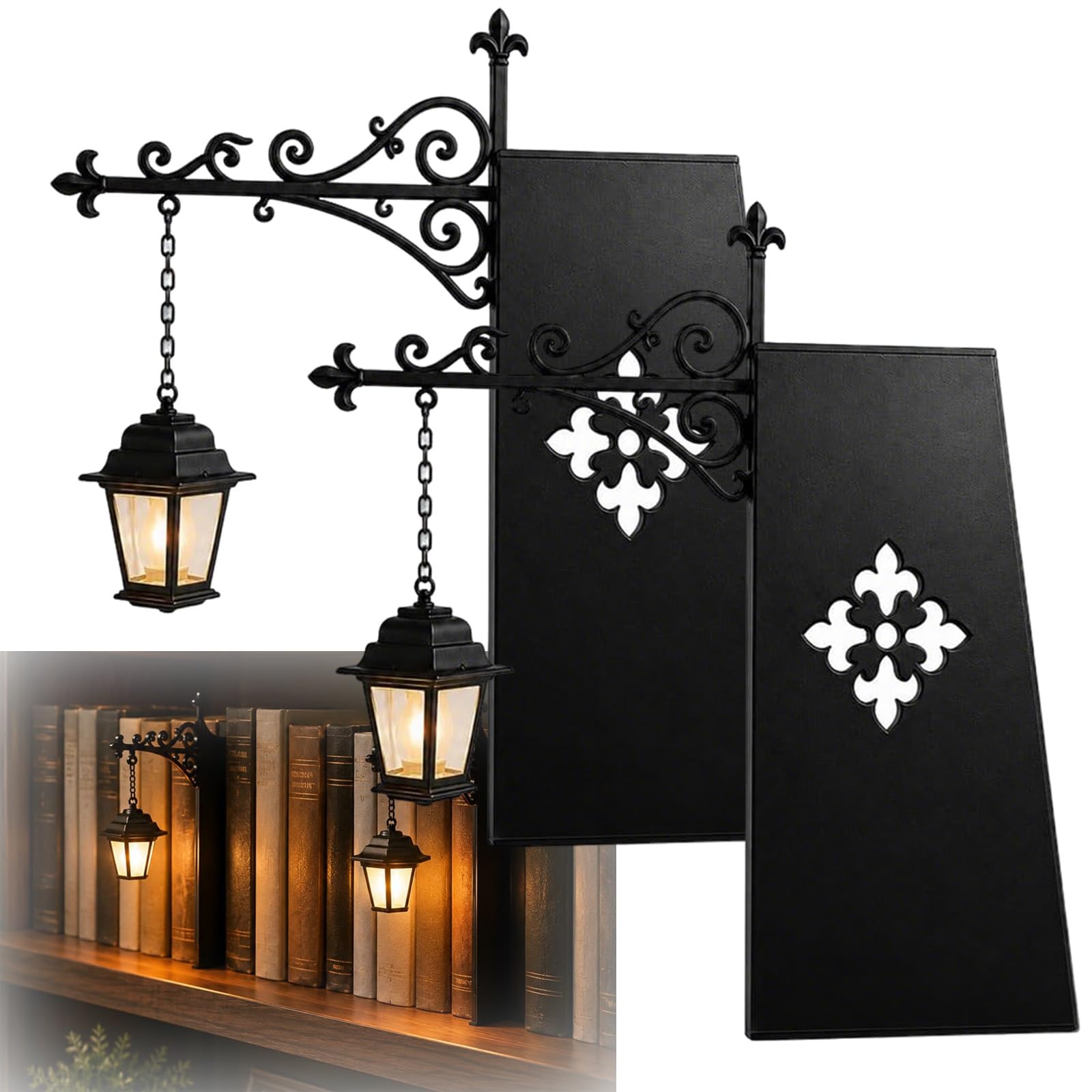 Yfjyxen Library Lantern Decorative Bookshelf Lighting, Vintage Mini Street Lamp Bookend Decor with Warm LED Light, Fantasy Hanging Lights for Desktop Study Room Home Office Book Lovers Readers(2pcs)