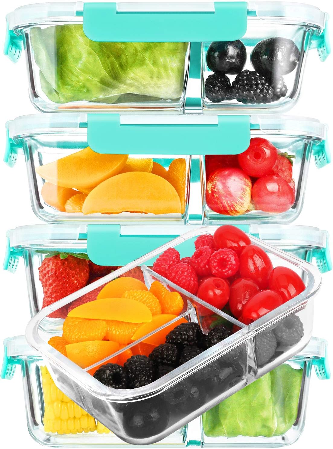 M MCIRCO 5-Pack, 36 oz Glass Meal Prep Containers 3 Compartment with Lids, Glass Lunch Containers,Food Prep Lunch Box,Bento Box,BPA-Free, Microwave, Oven, Freezer, Dishwasher (4.5 Cups, Green)