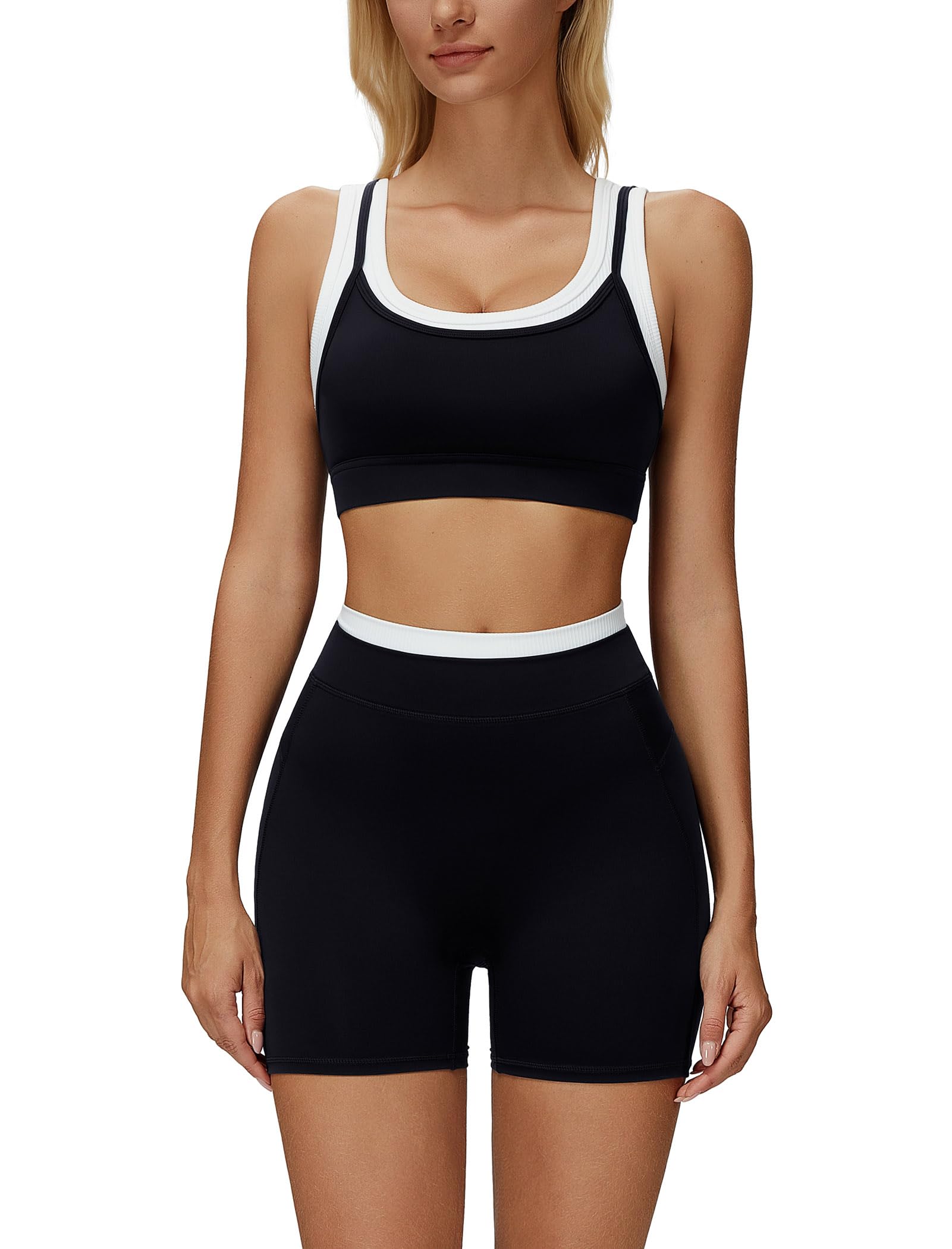 ABOCIW Womens Layerd Workout Sets Square Neck Sports Bra Tummy Control High Waist Biker Shorts Yoga Pilates Outfits