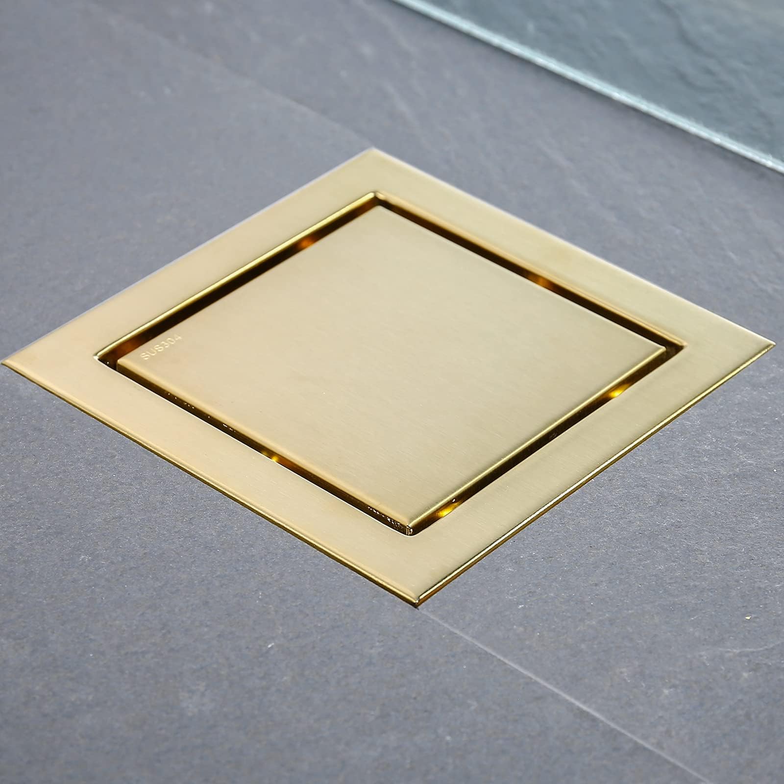 RANDOM Brushed Gold Shower Drain Square 6 inch SUS304 Stainless Steel Shower Floor Drain with Hair Strainer Tile Insert Shower Drain Cover
