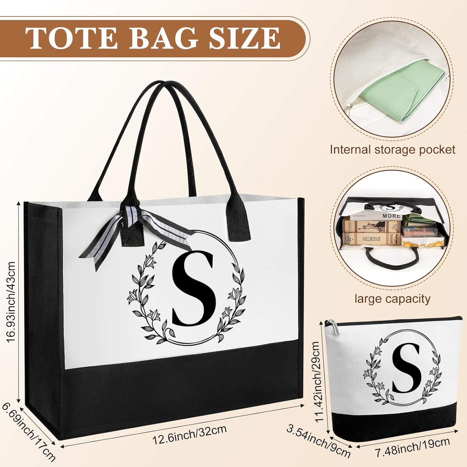 Aliceset Initial Gifts for Women Monogrammed Canvas Tote Bag with Zipper Pockets Reusable Grocery Bags and Glass Straws Cup(Letter S) - Image 4