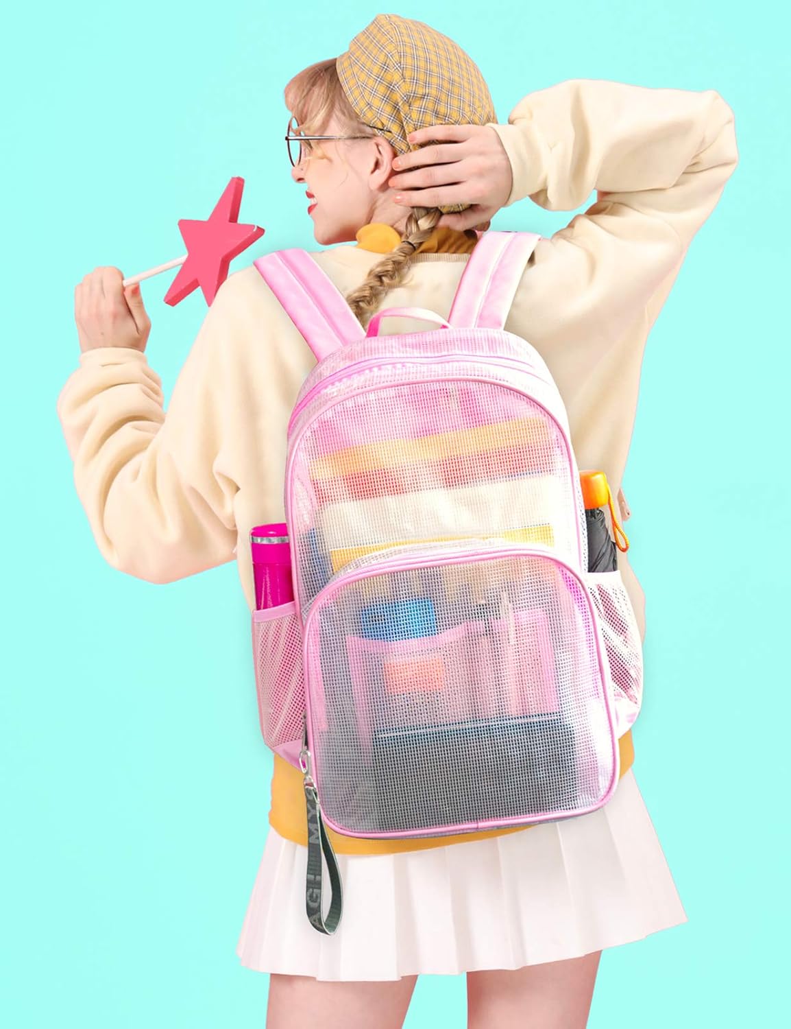 MIRLEWAIY Heavy Duty Mesh Backpack See Through Bag Stadium Approved Schoolbag with Laptop Compartment, Pink