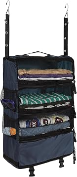 Surblue Travel Hanging Luggage Organizer Portable Suitcase Closet Organizer Multiple Compartments Collapsible Compression Packing Cubes Shelf, Navy, M