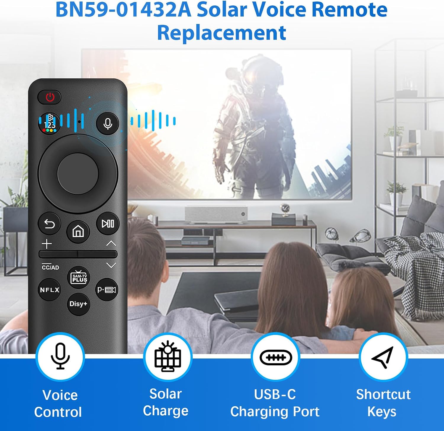 BN59-01432A Solar Voice Remote for Samsung TV, Bluetooth Rechargeable with Solar Charging, Compatible with Samsung 2023-2024 Neo QLED 8K Smart TVs, HDR Ultra HD, VG-TM2360E - Black image 2