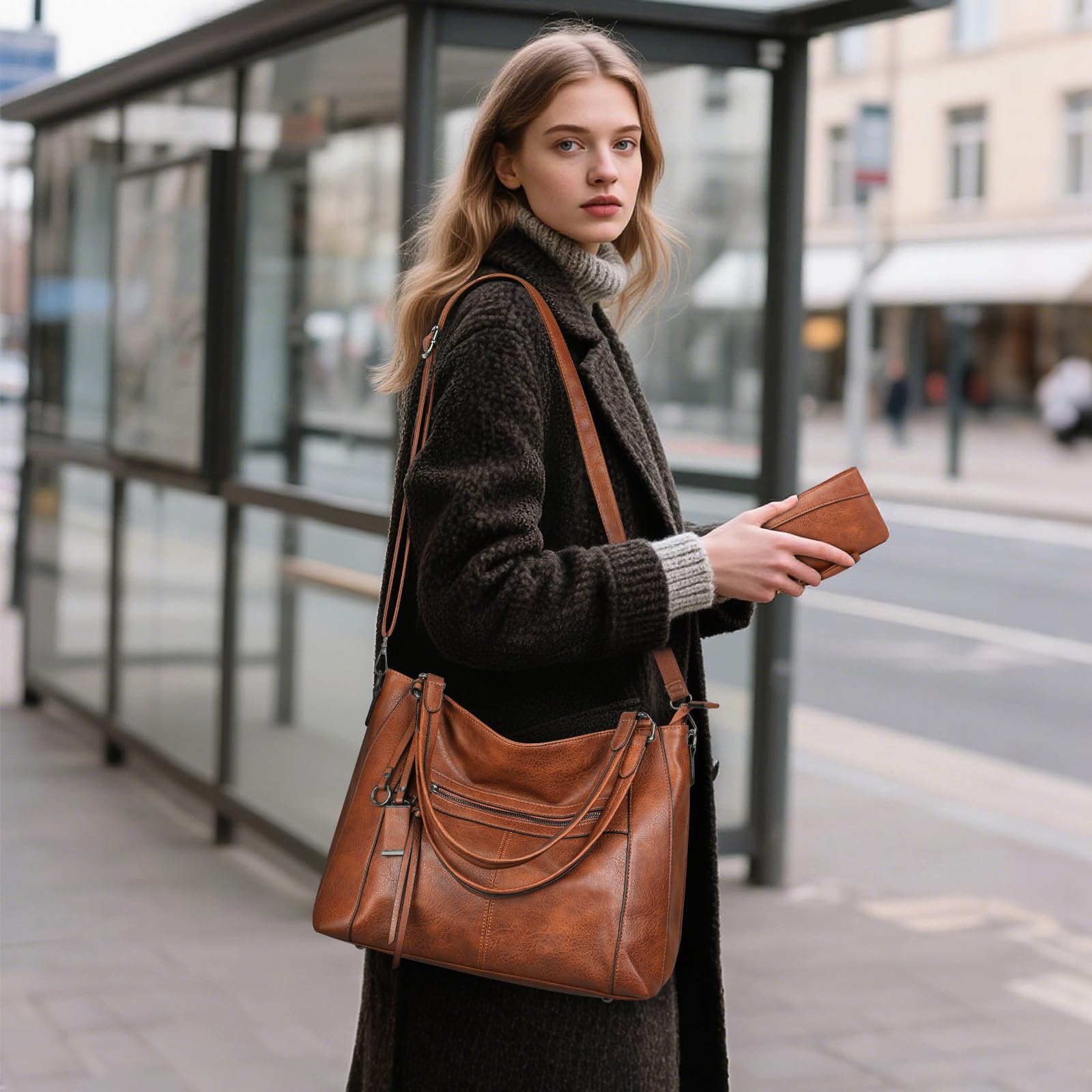 BAIGIO Sac a Main Grand Cuir PU Sac Hobo Sac Cabas Femme Sac Bandoulière Fourre Tout Messenger et Portefeuille Ensemble pour Travail Shopping Party Voyage