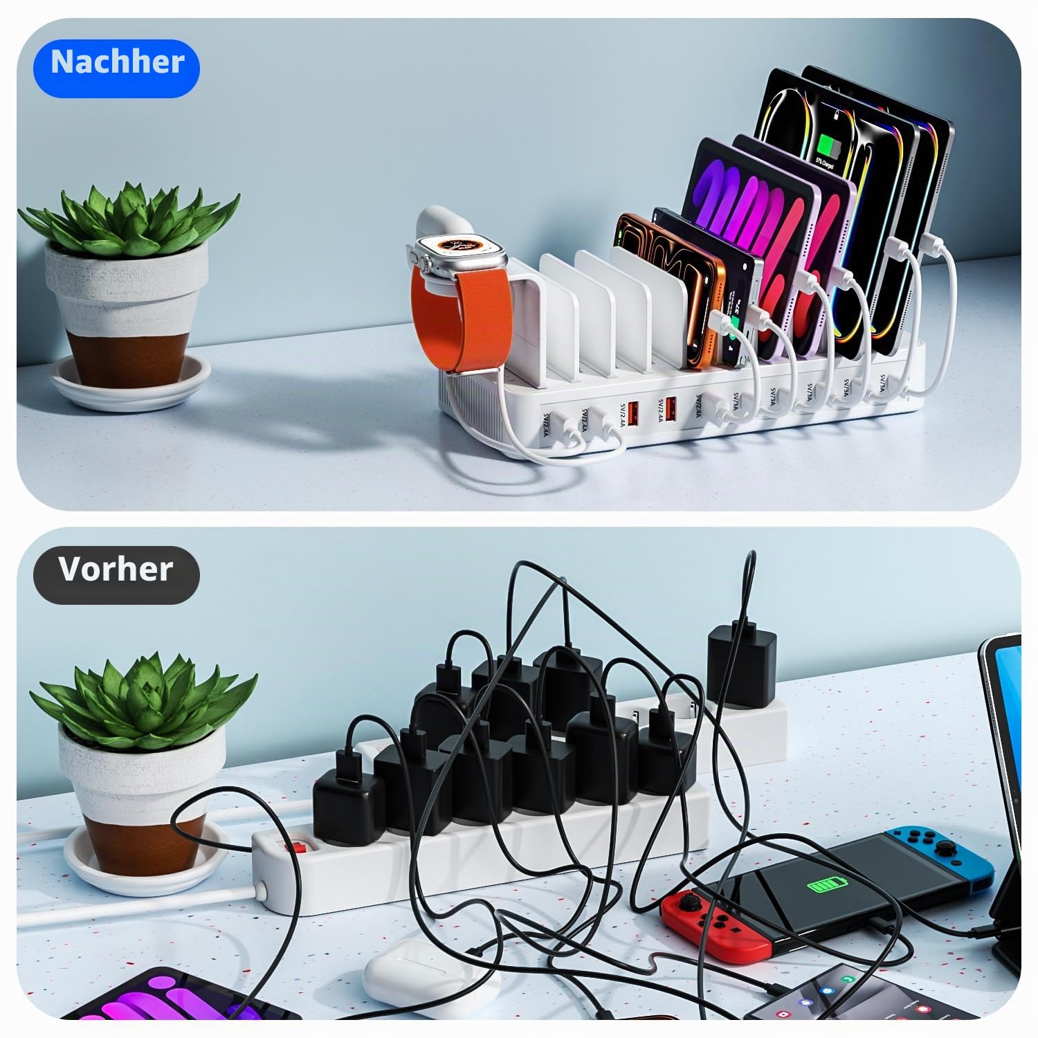 Ladestation Mehrere Geräte, USB C ladestation 100W, 10 Ports USB-Schnellladegerät Mit Uhrenhalterung und 10 Cables,ladestation Handy für iPhone/Samsung, Tablets und andere USB-Geräte