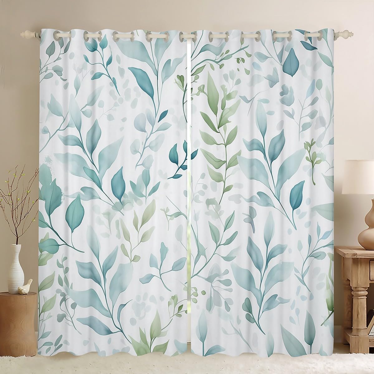 Feelyou Floral Curtains Blue Green Floral Leaf Window Curtains for Bedroom Living Room for Kids Boys Girls Vintage Botanical Plants Window Drapes Soft Blackout Curtains, 42W X 84L,2 Panels