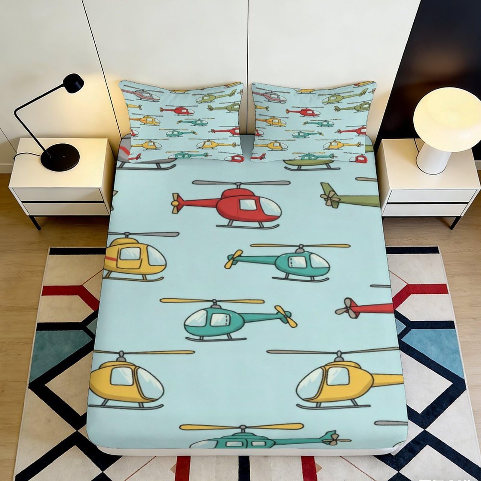 3D Printed Colorful Helicopter Fitted Sheet Microfiber Soft Breathable Cartoon Aircraft Bed Cover for Bedroom Dormitory Guest Room Mattress Protection 120x200x25cm