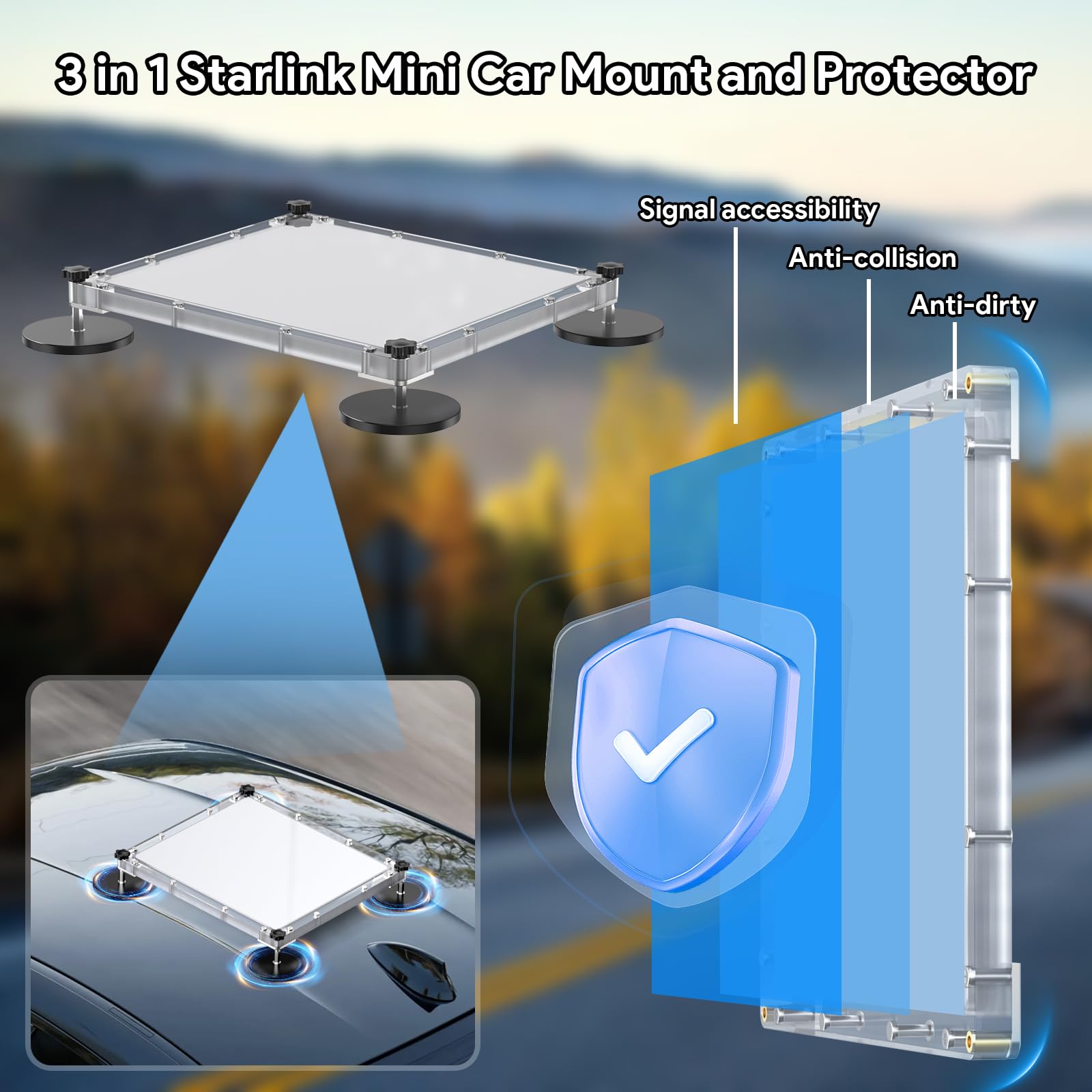 Starlink Mini support de toit 3 en 1 magnétique et ventouse avec couvercle de protection pour Starlink Mini Dishy, libération rapide et résistant aux UV, force de maintien de 50 kg pour camping-car