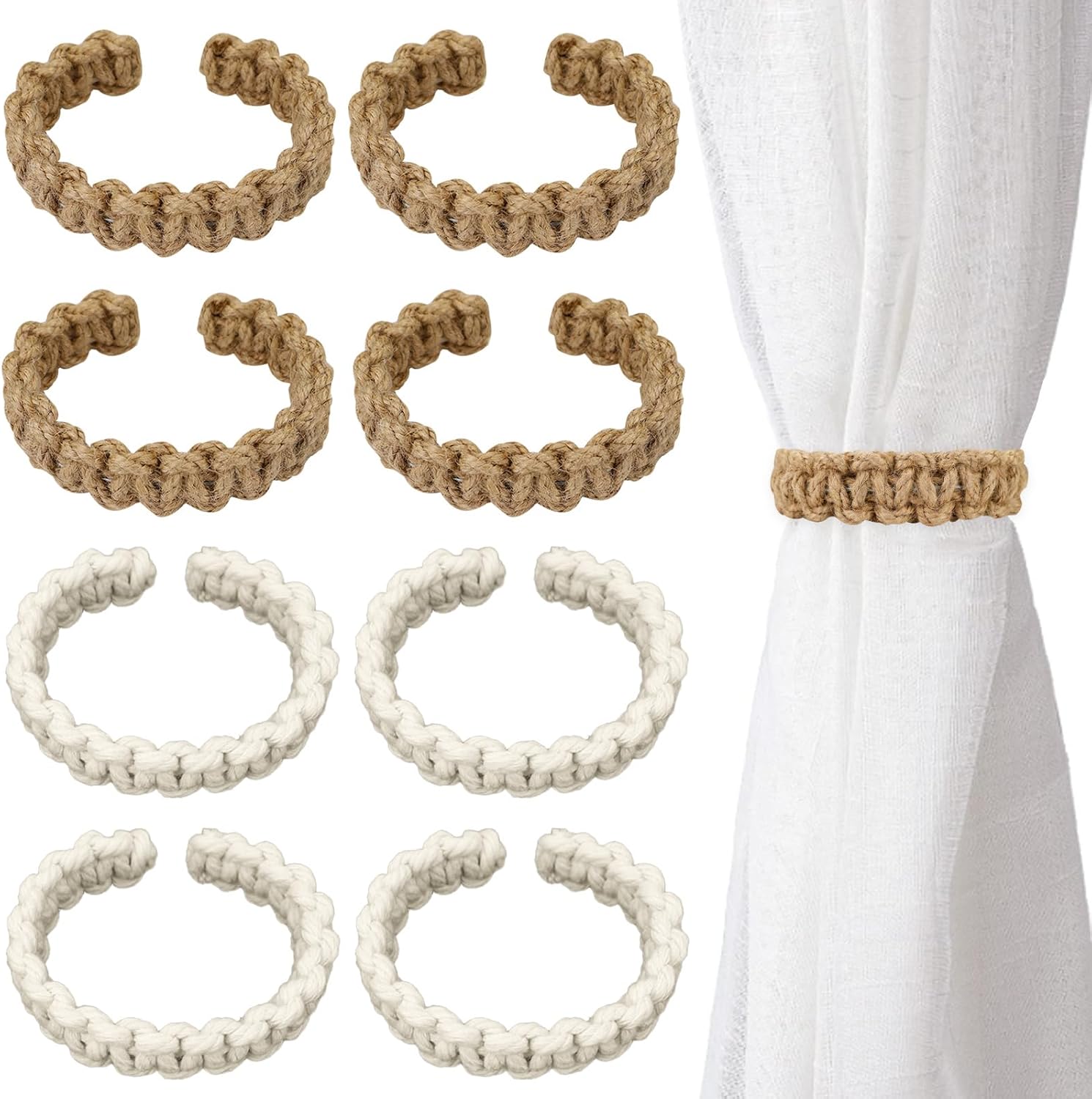 ASTIMEA 8 Packs 9.4''/24 CM Boho Curtain Tie Backs No Drilling, Rustic Outdoor Curtain Tiebacks Holdbacks Holder Braided Lightweight Decorative for Drapes Home Farmhouse Bedroom Office White