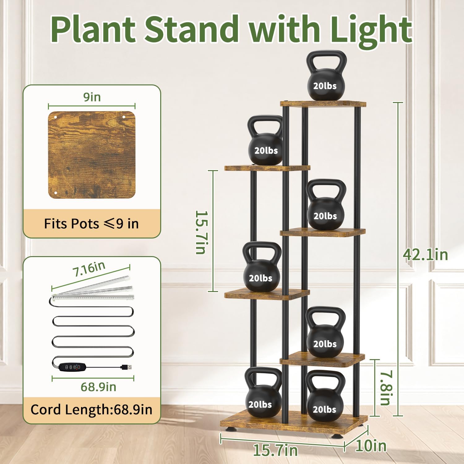 LASZOLA Plant Stand Shelf Tall Indoor with Grow Light, Wooden 5 Tier Corner image 2
