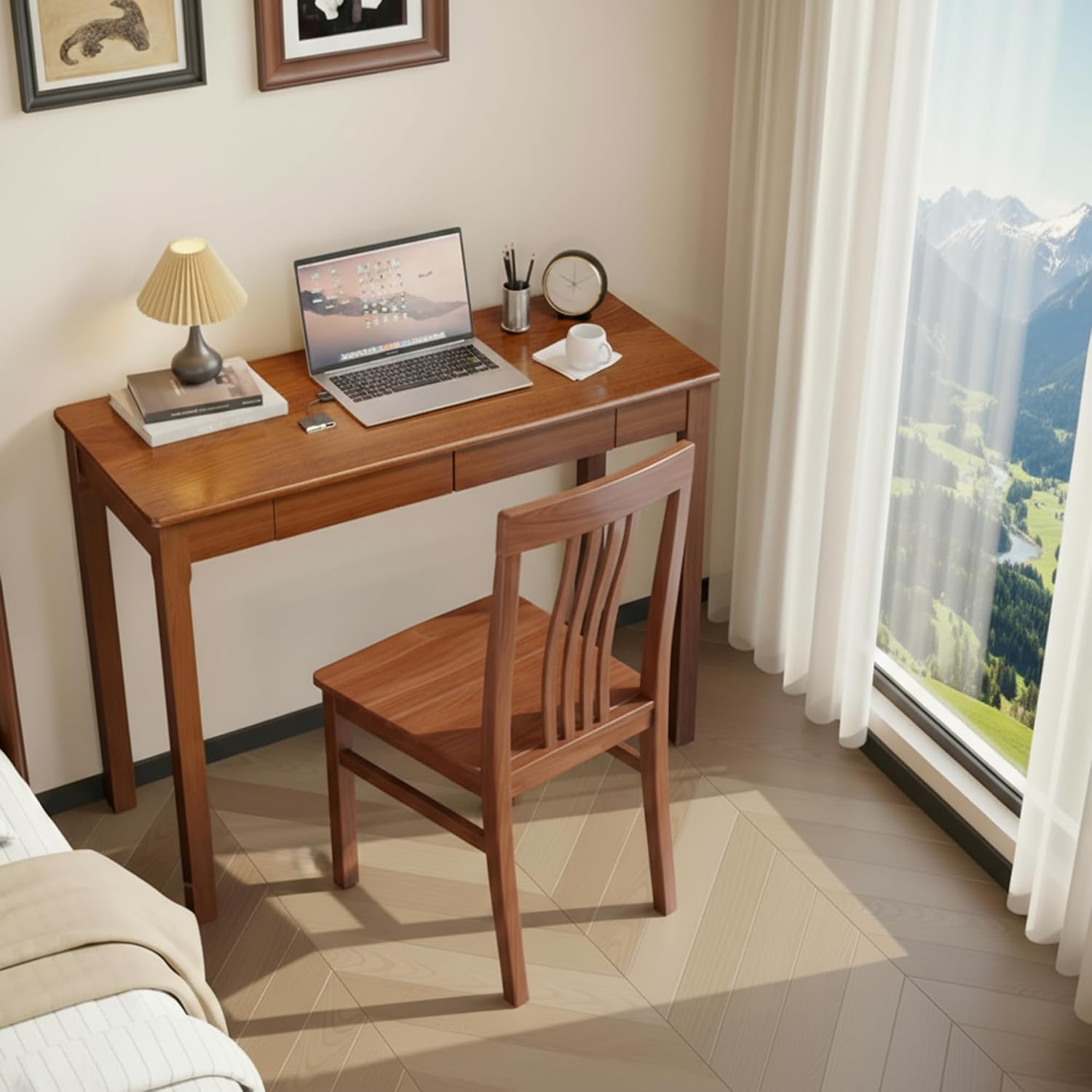 100% Solid Wood Desk with Drawers 39 x 15 Vintage Small Writing Wooden Desks Mid Century Modern Desk for Small Spaces Bedroom, Living Room, Office