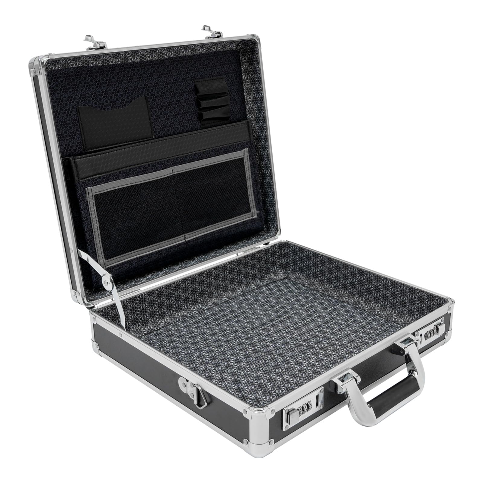 Locking Briefcase - 15 x 13 x 4.3 Inch Combination Lock Hard Laptop Case w/Strap, Portable Storage Lock Box Briefcases for Men and Women (Black (Patterned lining))