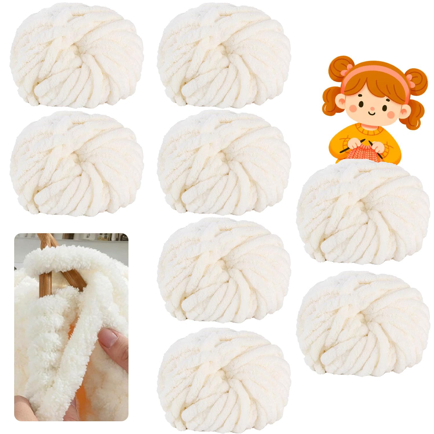 Gomitolo di lana spessa, 500 g (250 g x 2), circa 54 m, per uncinetto/maglia a mano, morbida lana XXL per uncinetto, coperte, sciarpe, cappelli, coperte, cuscini decorativi (01, bianco latte, 8 pezzi)