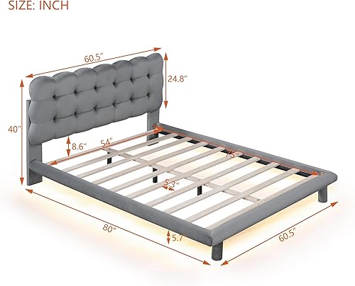 Miniatura 175 de Base de cama flotante tamaño Queen con luces LED y carga USB, marco de cama LED de plataforma tapizada moderna, no necesita somier (blanco-1)