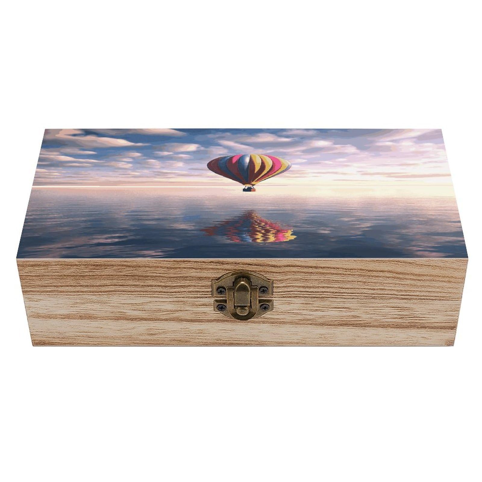 Btcowzrv Style Hot Air Balloon Over The Sea Wooden Storage Box, Keepsake Box With Hinged And Retro Lock, Wood Jewelry Organizer For Photos & Mementos And Home Decor