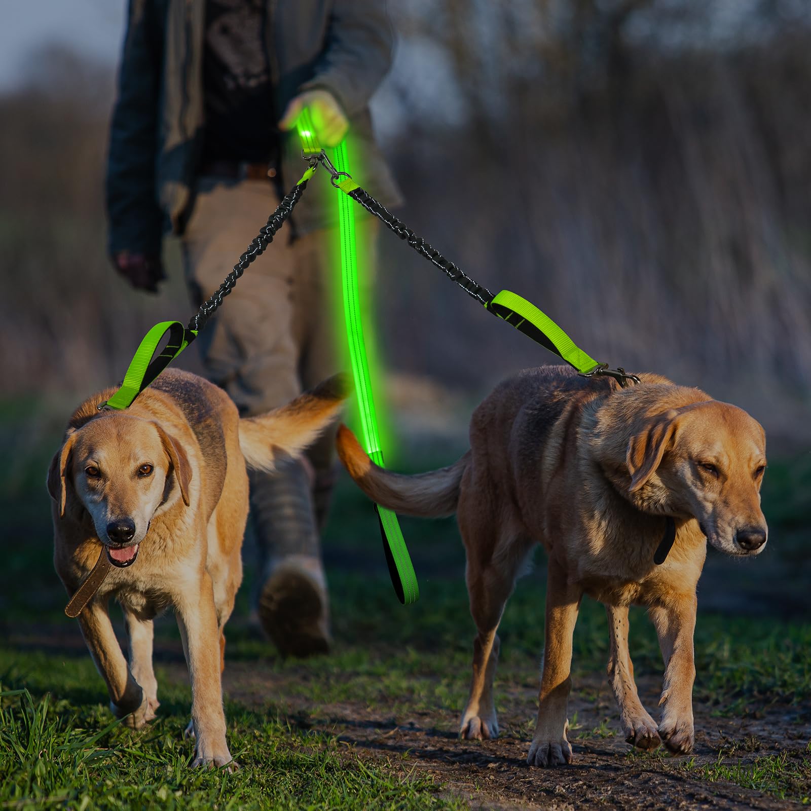 Correa doble LED para perro, correa giratoria de 360° para pasear perros, cómoda correa absorbente de golpes para perro, elástico extraíble reflectante para dos perros