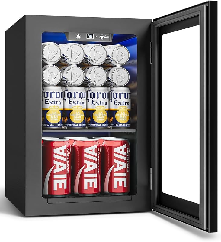 24 Can Beverage Refrigerator, Mini Fridge, Black | 40-61°F, Whisper-Quiet ≤38dB, Fast Even Cooling, Removable Shelf, for Soda, Beer, Wine. Fits Office, Dorm, Bedroom, Home Bar