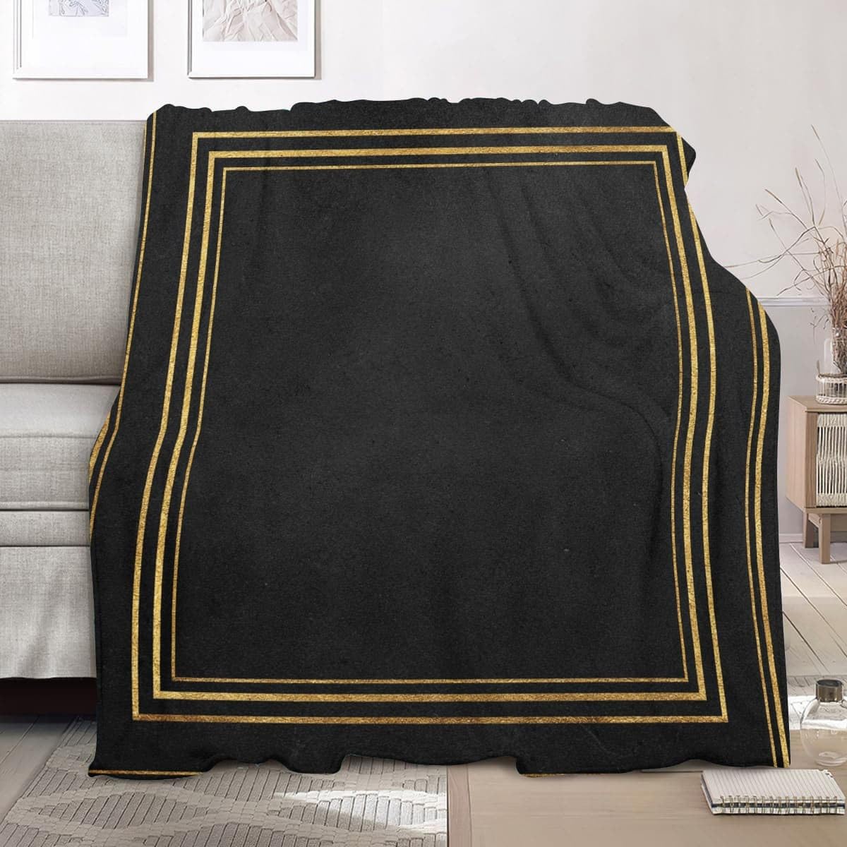 Generisch Koc polarowy, flanelowy, minimalistyczne, złote paski, luksusowy, przytulny, na sofę, dla dorosłych i dzieci, rozmiar XXL, 180 x 200 cm