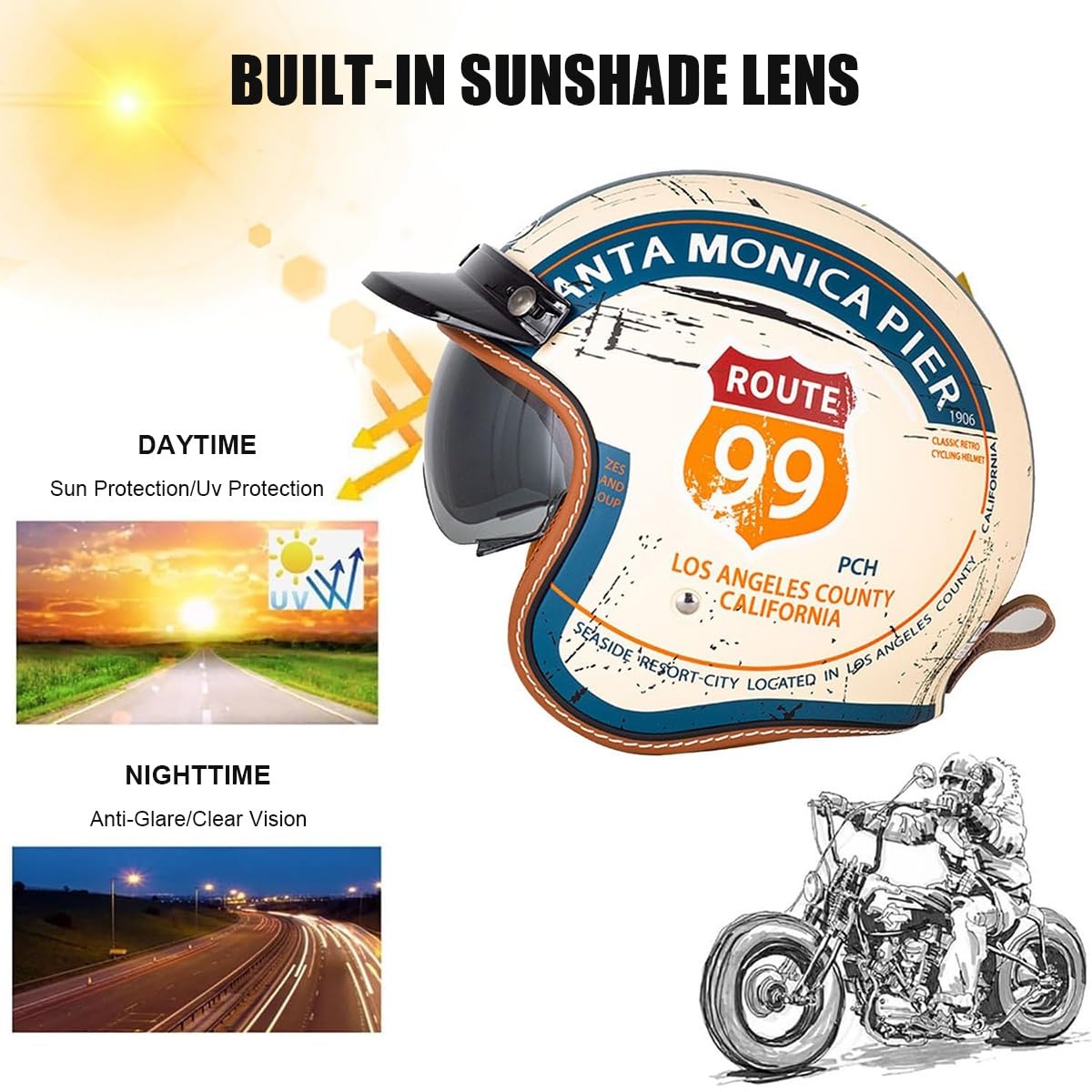 EBAYIN Casque Jet Vintage Casque De Moto Ouvert for Scooter, Moto Jet for Hommes Et Femmes, avec Pare-Soleil Vélo Électrique Vélo De Route Homologué ECE(J,XL=(61~62cm))