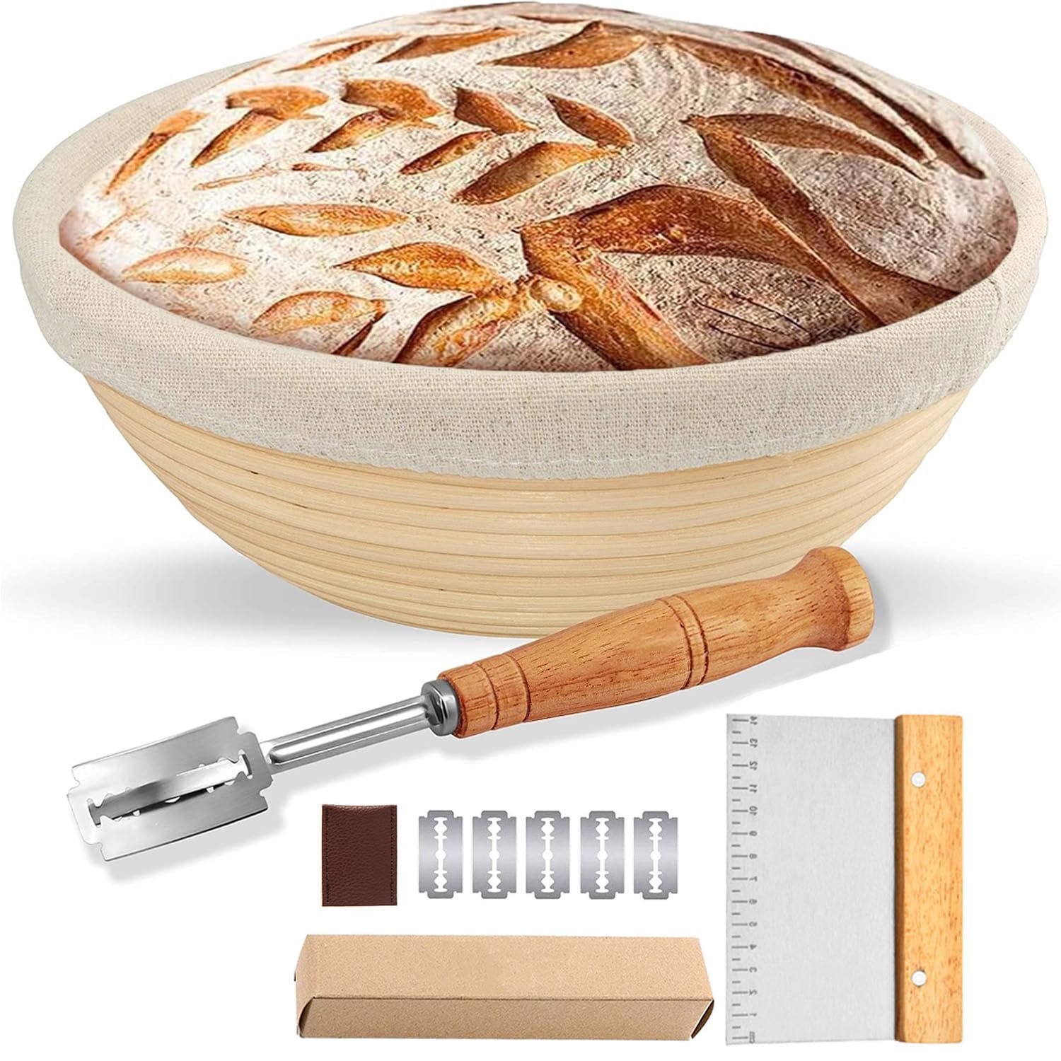 Panier à pain rond en rotin avec doublure en lin - 22 cm - 100 % rotin naturel - Pour levain - Comprend un coupe-pâte, un coupe-pain, pour boulangers professionnels et amateurs