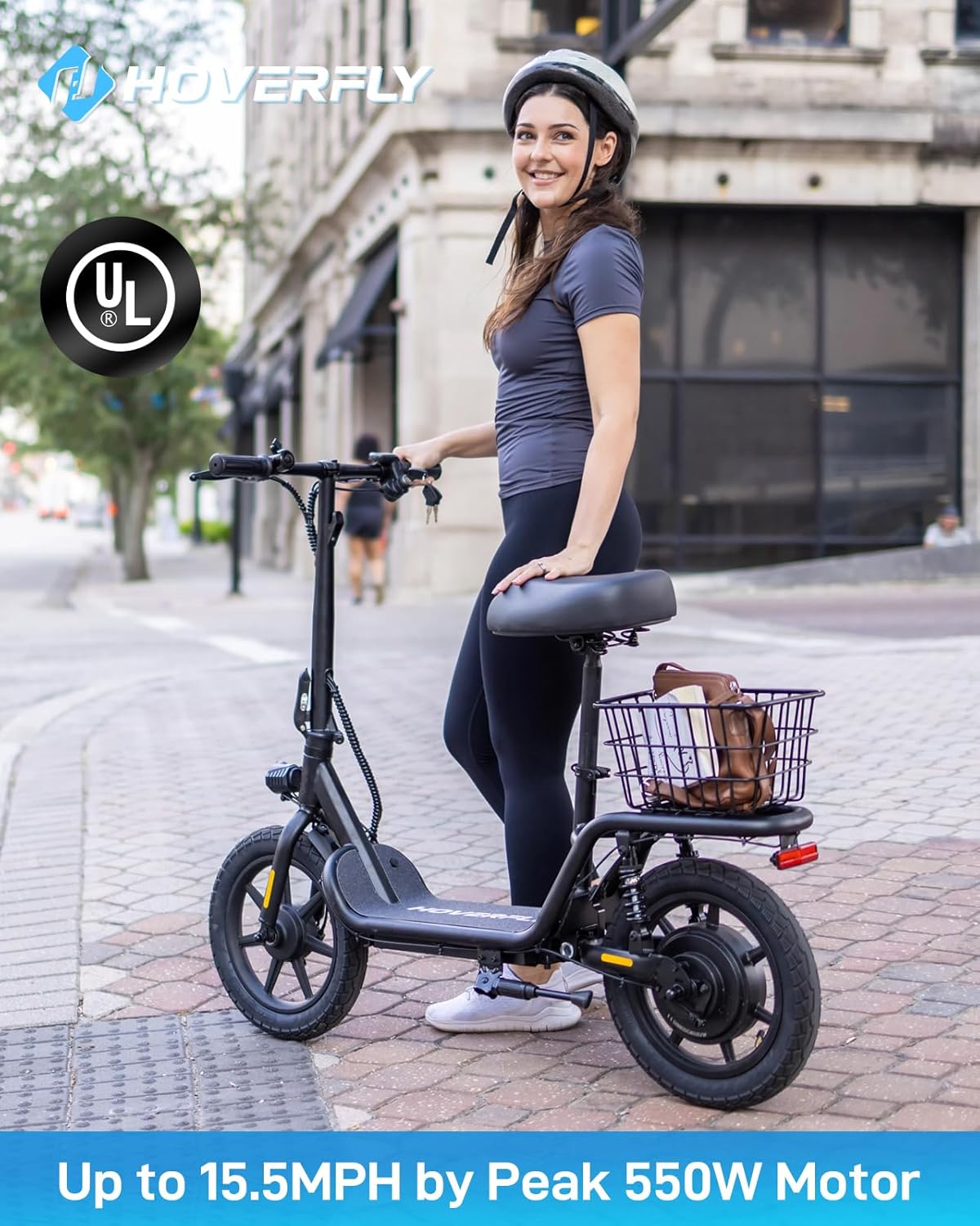 Hoverfly 14" Electric Scooter with Seat Adult, 550W/750W Peak Motor, 18.6/25 Miles Range, 15.5/22Mph Max Speed, Height-Adjustable Comfort Seat, Commuter Escooter with Carry Basket&Accessories
