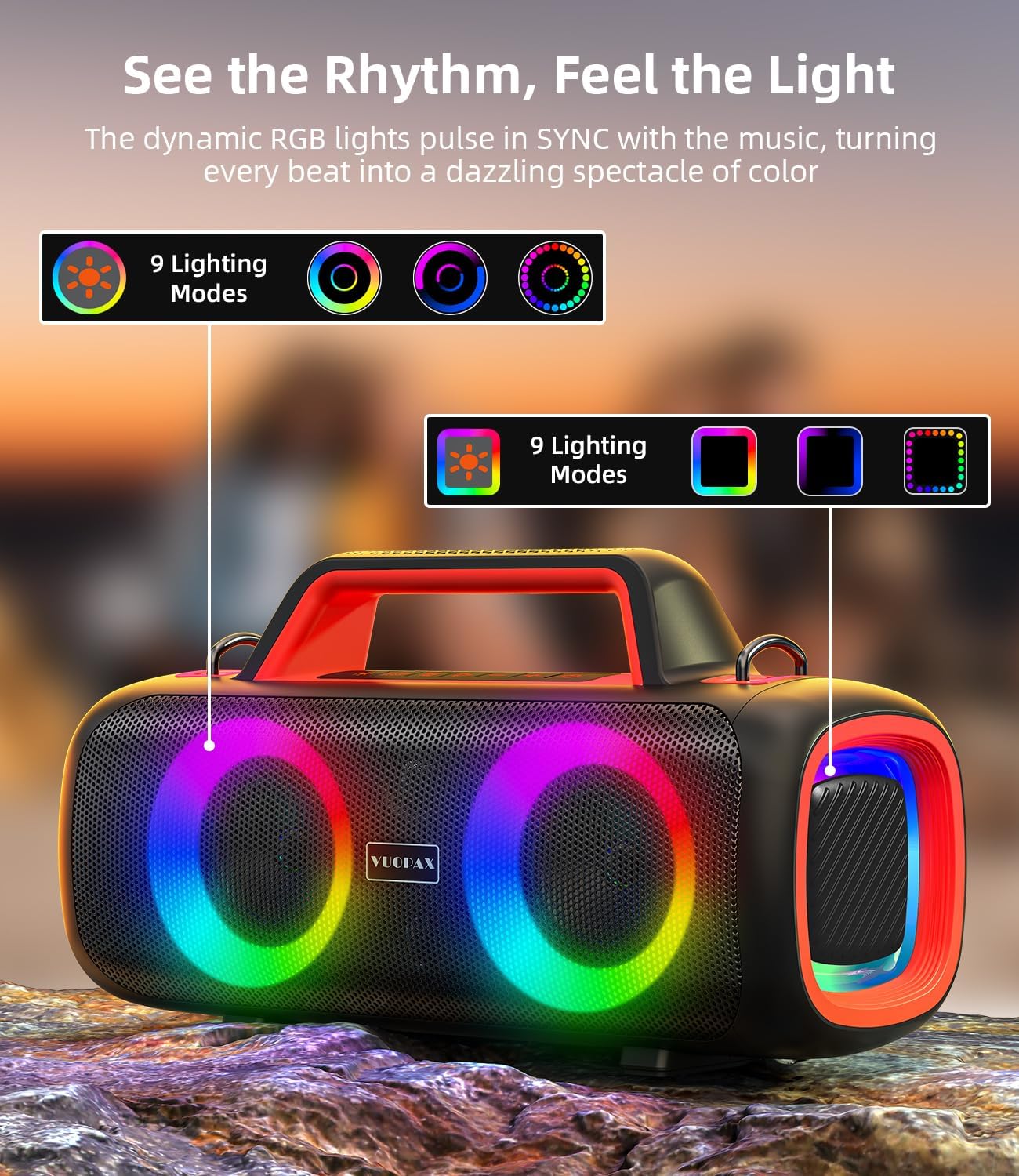 Portable Bluetooth Speaker Wireless,140W Peak Loud Sound with 2 Subwoofers and 2 Tweeters, Plus Bass Boost, IP65 Waterproof Outdoor Speaker, 24H Playtime, RGB Lights, TF/AUX/USB/Mic Input, Large Party - Image 4