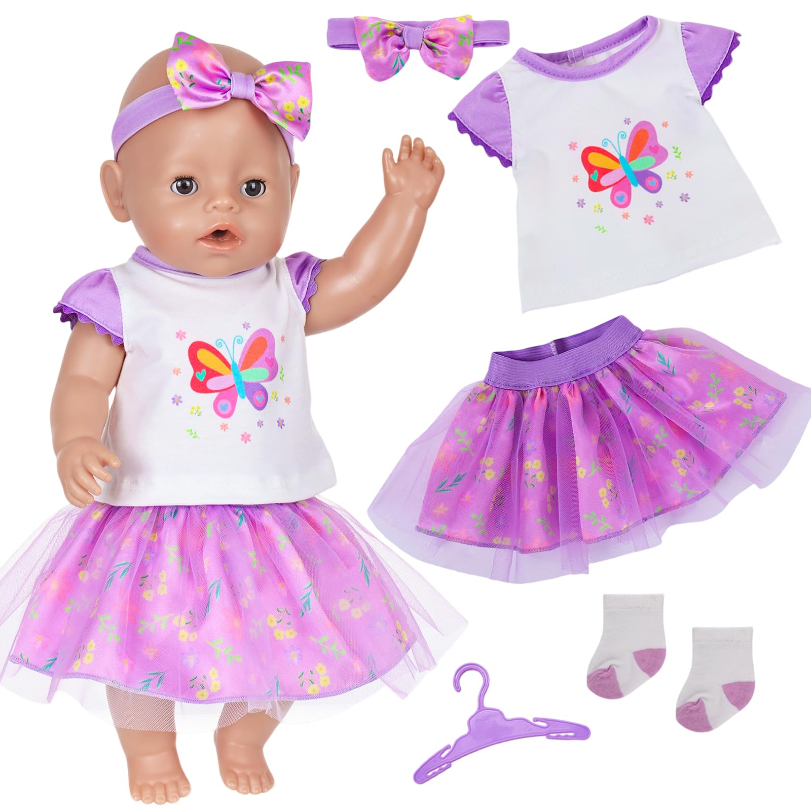 5 PCS Baby Doll Clothes for 14–17 Inch Doll Purple Butterfly Skirt Outfits — image 1